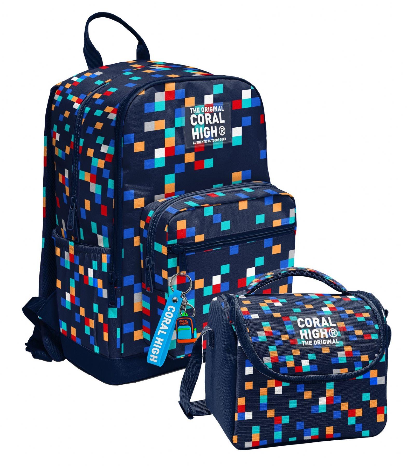 Coral High Lacivert Çok Renli Geometrik Desenler (Erkek Çocuk) Okul Sırt ve Beslenme Çantası Seti - SETYGN33235B