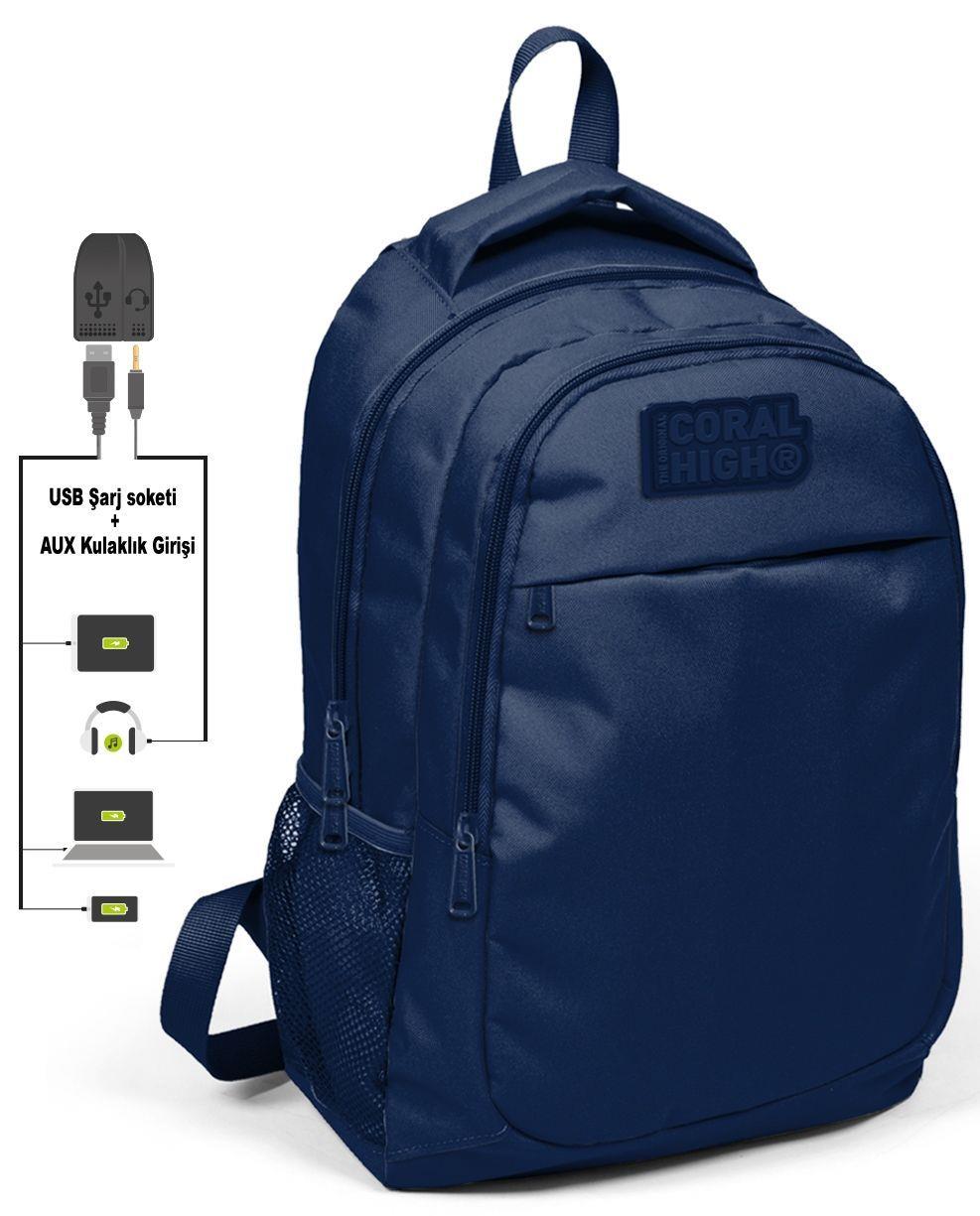 Coral High Lacivert İlkokul Çantası ve Kalemlik Seti - USB Soketli