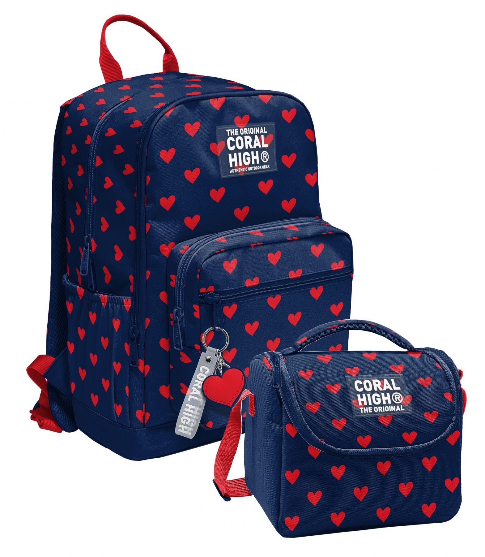 Coral High Lacivert Kırmızı Kalp Desenli (Kız Çocuk) Okul Sırt ve Beslenme Çantası Seti - SETYGN33229B