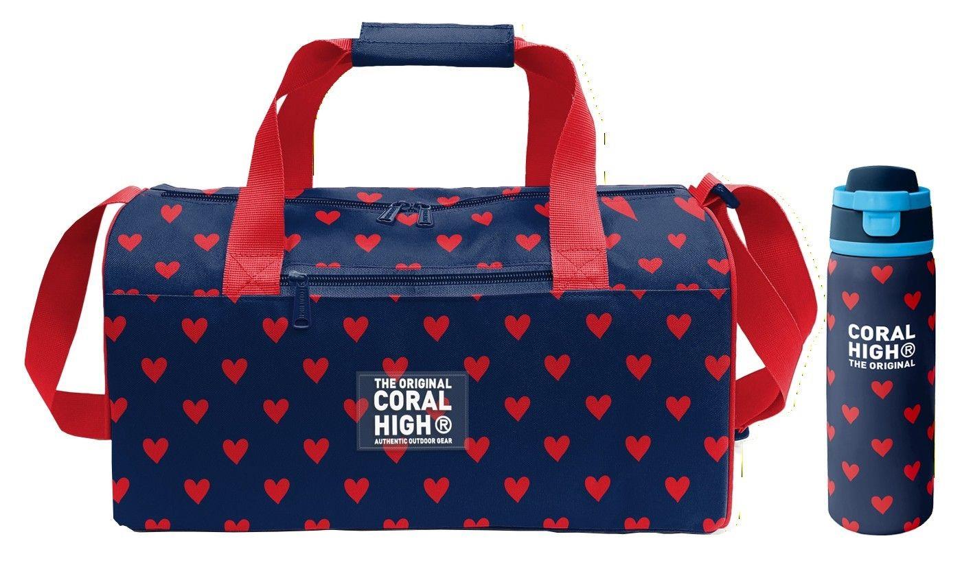 Coral High Lacivert Kırmızı Kalp Desenli Kız Çocuk Spor Çantası ve 800 ml Çelik Matara Seti 27547