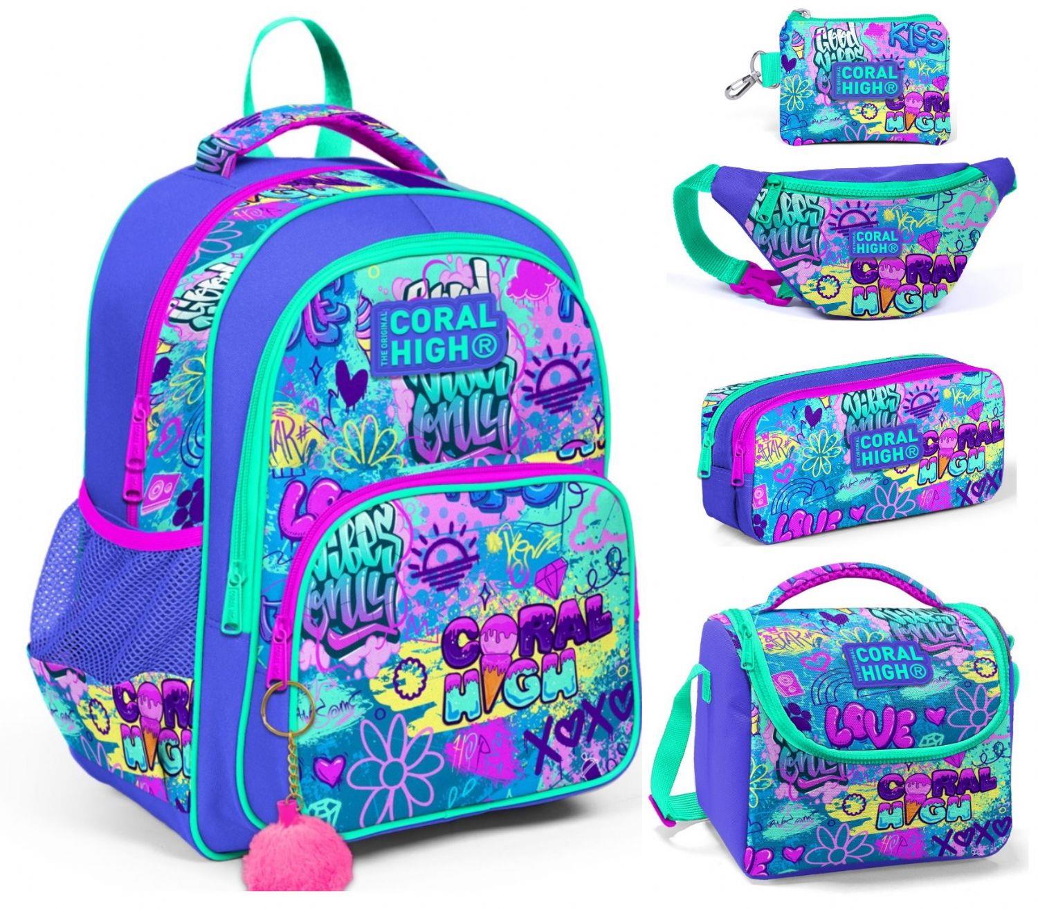 Coral High Lavanta Grafiti Kız Çocuk Beşli Okul ve Günlük Çanta Seti
