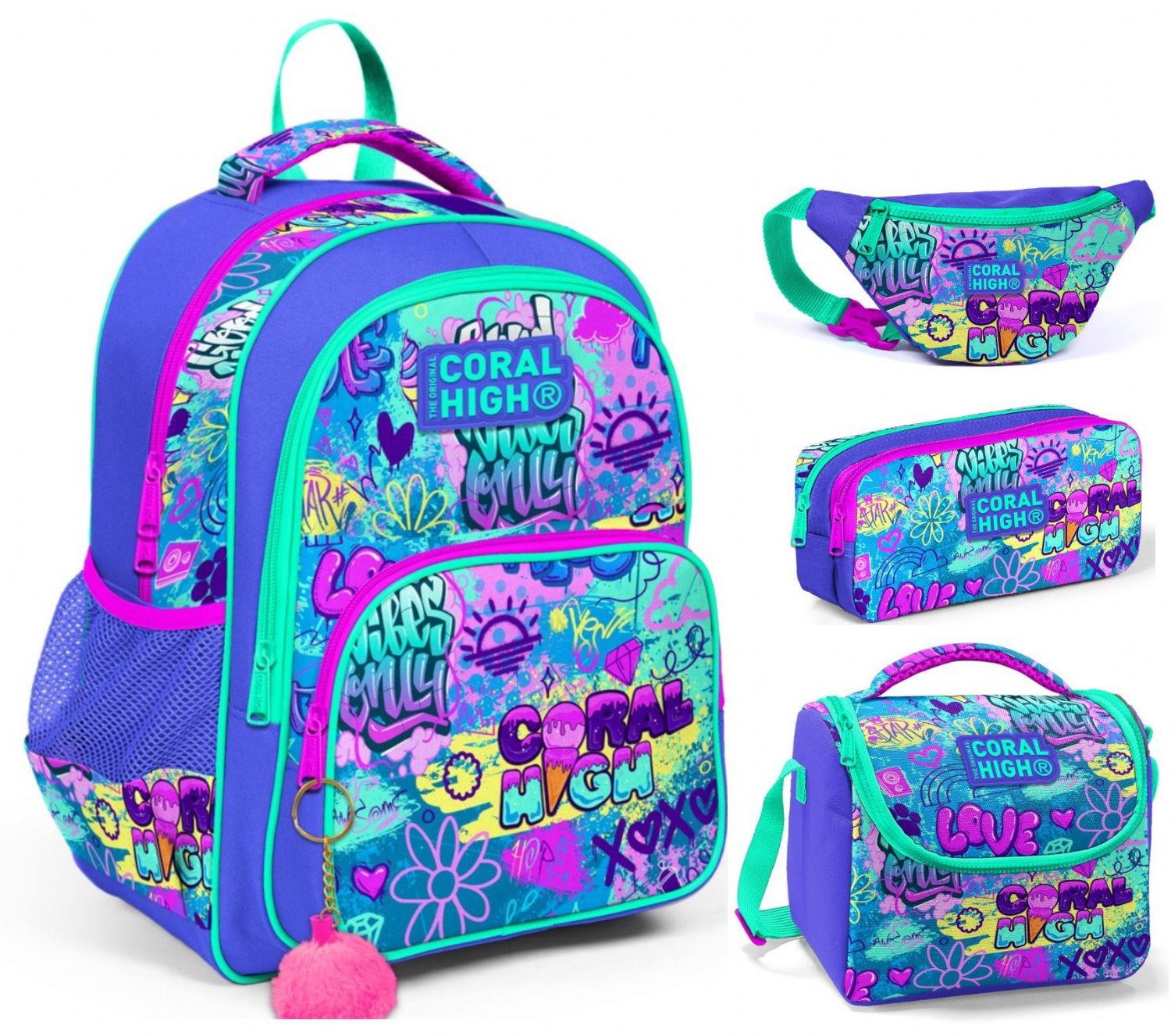 Coral High Lavanta Grafiti Kız Çocuk Üçlü Okul Çantası ve Bel Çantası Seti