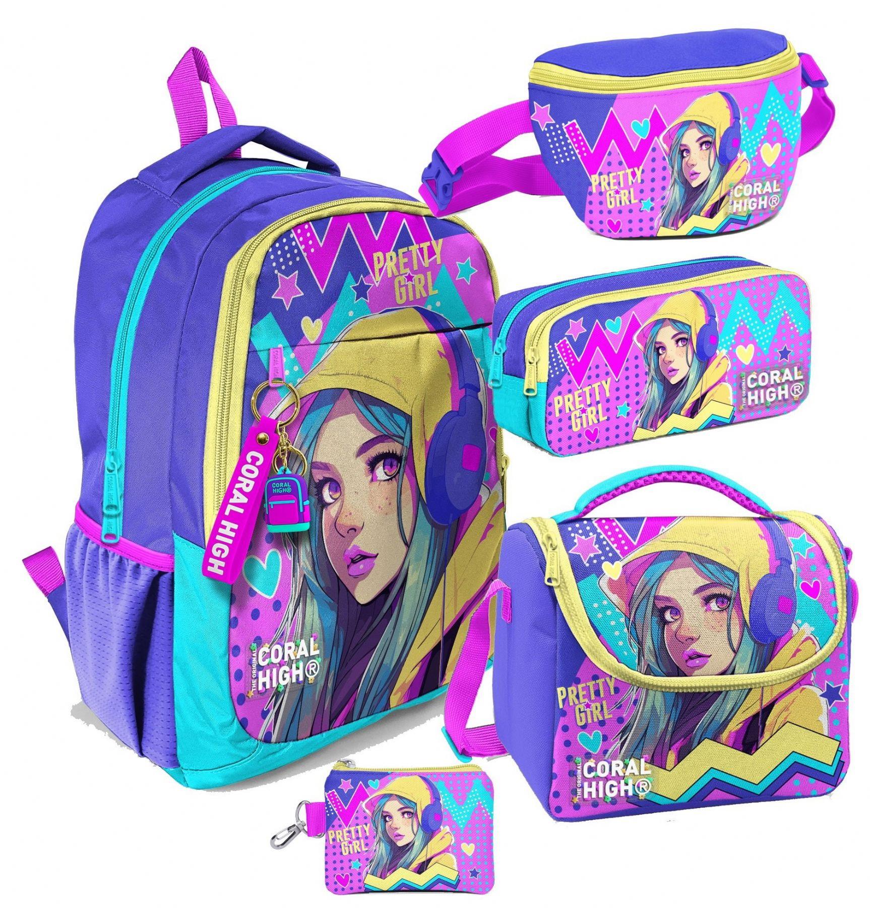 Coral High Lavanta Turkuaz Kulaklıklı Kız Desenli Kız Çocuk Beşli Okul Çanta Seti - İlkokul ve Ortaokul İçin Uygun