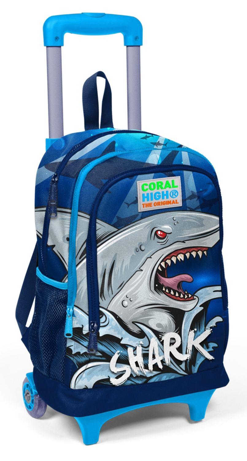 Coral High Mavi Köpekbalığı Baskılı Işıklı Tekerlekli Çekçek Okul Çantası - Erkek