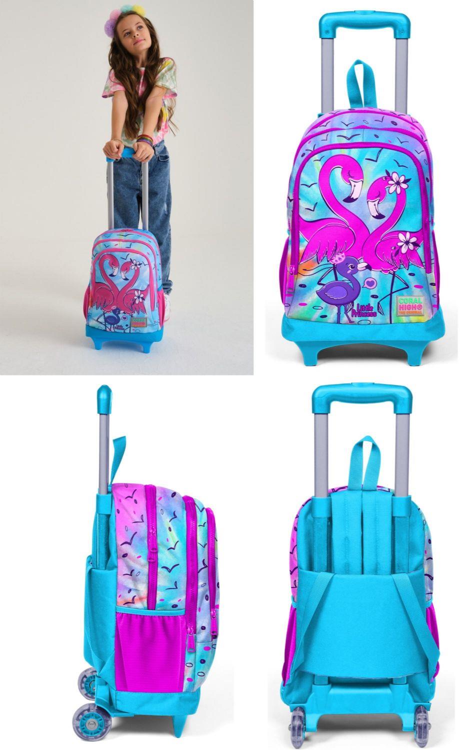 Coral High Mavi Pembe Flamingo Çekçek Okul Çantası ve Beslenme Seti - Işıklı Tekerlekler - Kız Çocuk