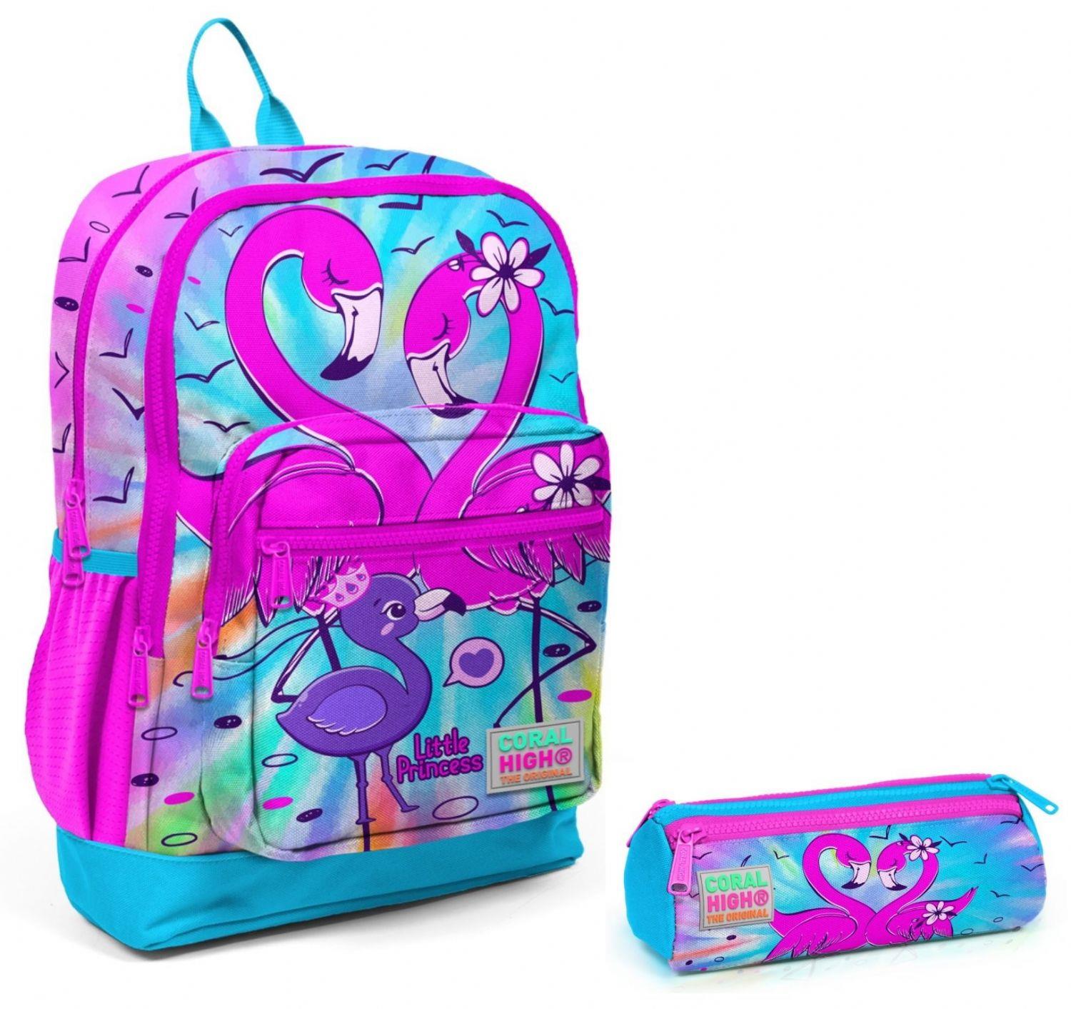 Coral High Mavi Pembe Flamingo İlkokul Sırt Çantası ve Kalemlik Seti - Kız Çocuk