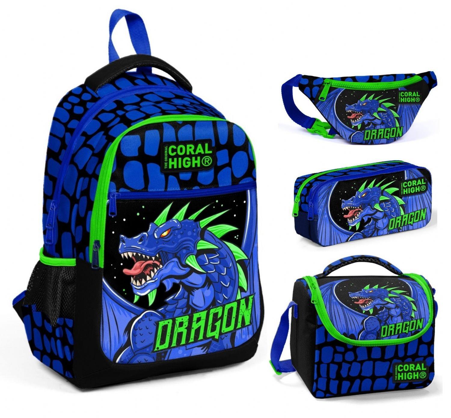 Coral High Mavi Yeşil Dragon Üçlü Okul Çantası ve Bel Çantası Seti - Erkek Çocuk