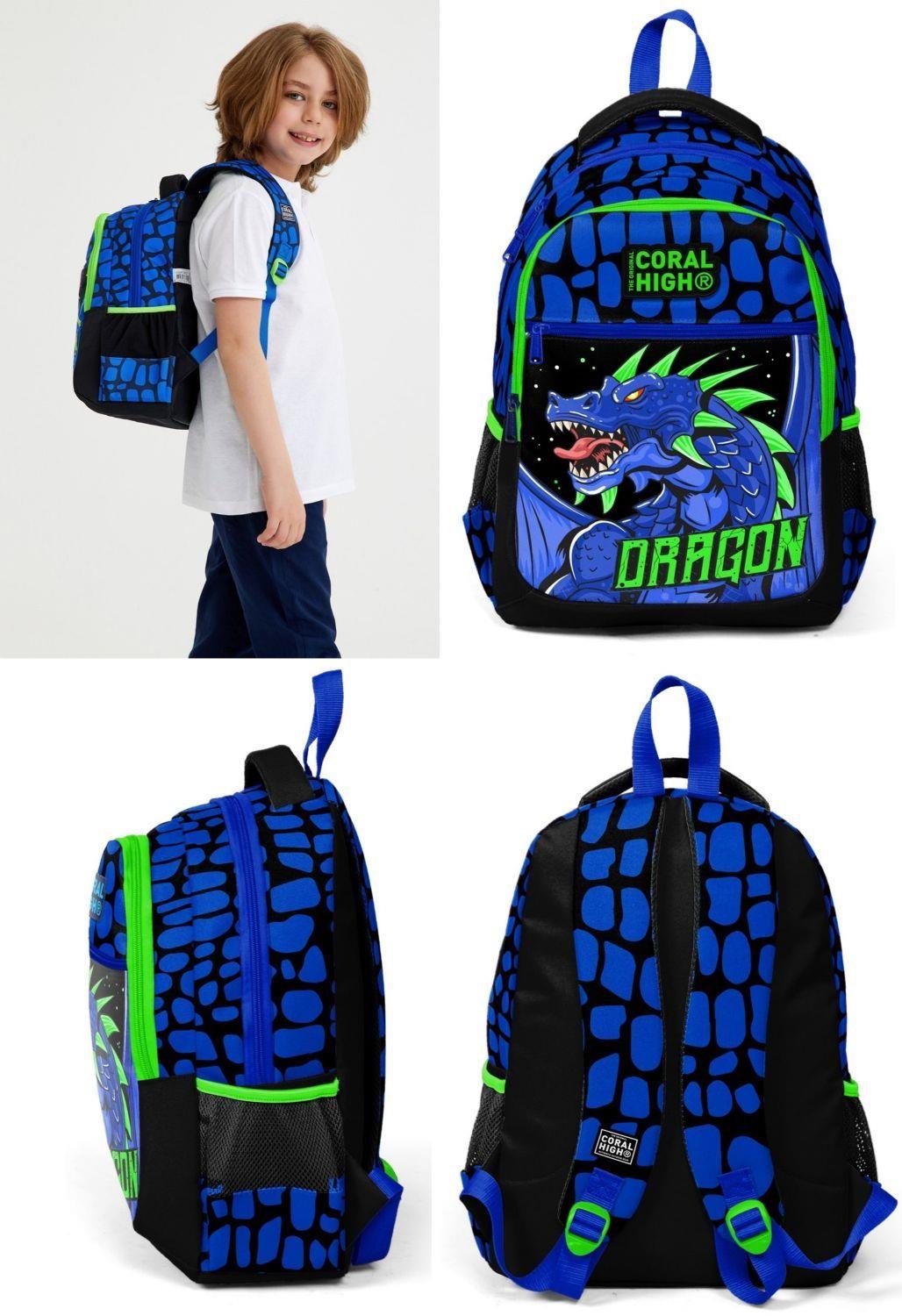 Coral High Mavi Yeşil Dragon Üçlü Okul Çantası ve Bel Çantası Seti - Erkek Çocuk