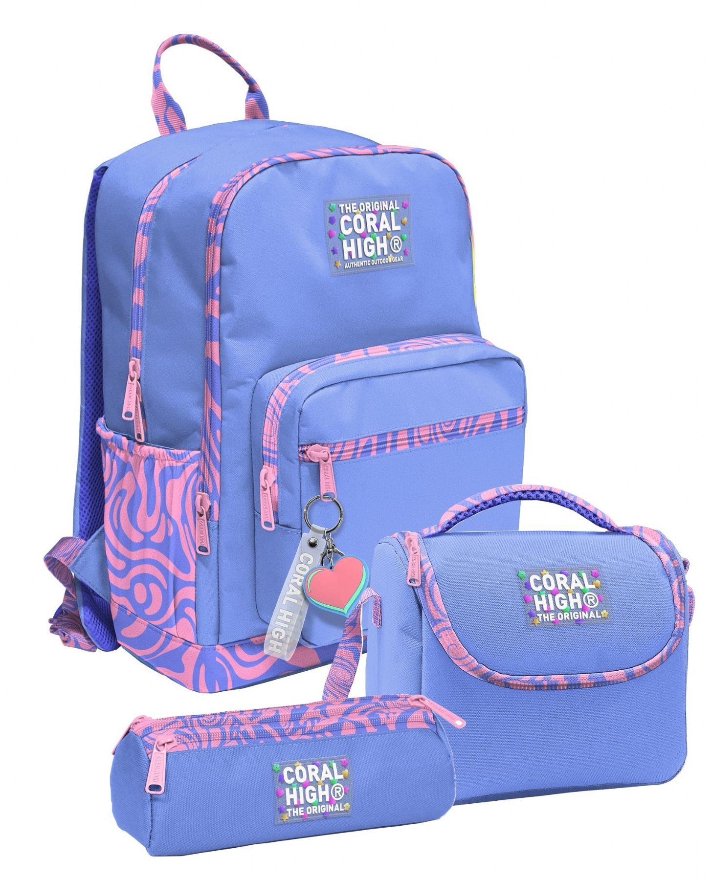 Coral High Mor Dalga Desenli Kız Çocuk İlkokul ve Ortaokul Üçlü Okul Çanta Seti SETYGN33227A