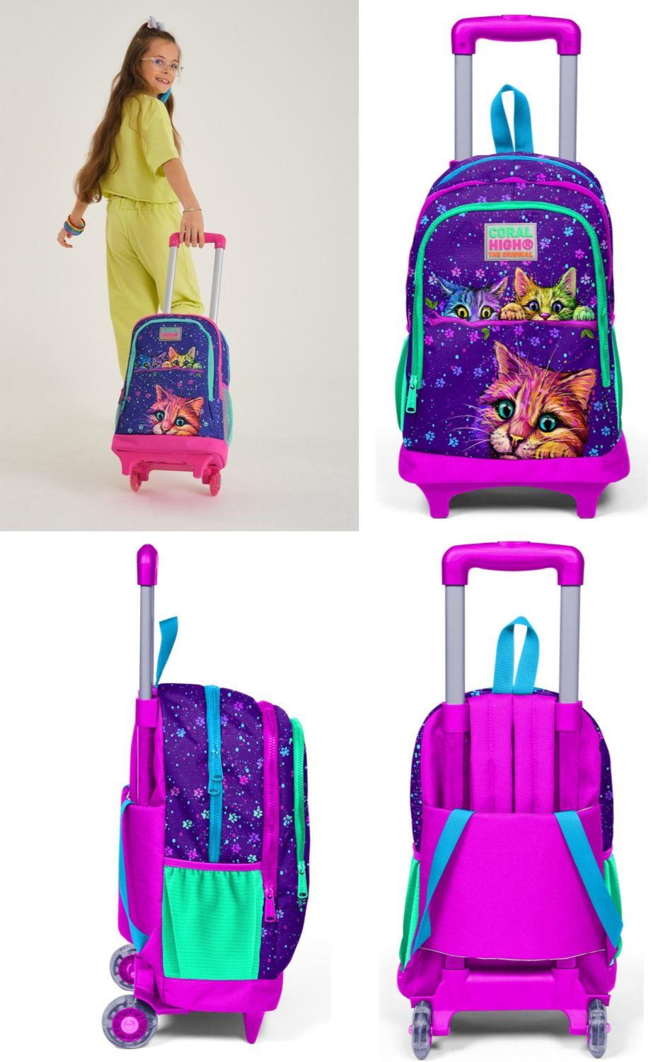 Coral High Mor Kedi Çekçek Okul Çantası Seti - Işıklı Tekerlekler - Kız Çocuk