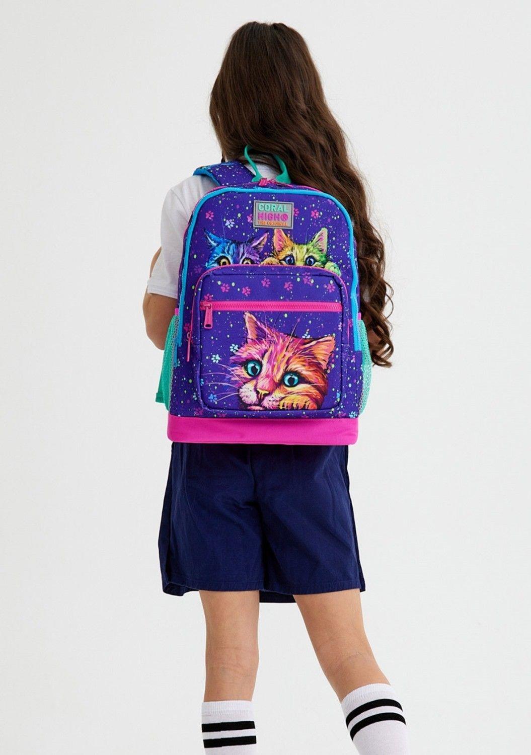 Coral High Mor Kedi dört bölmeli İlkokul Sırt Çantası ve Kalemlik Seti - Kız Çocuk