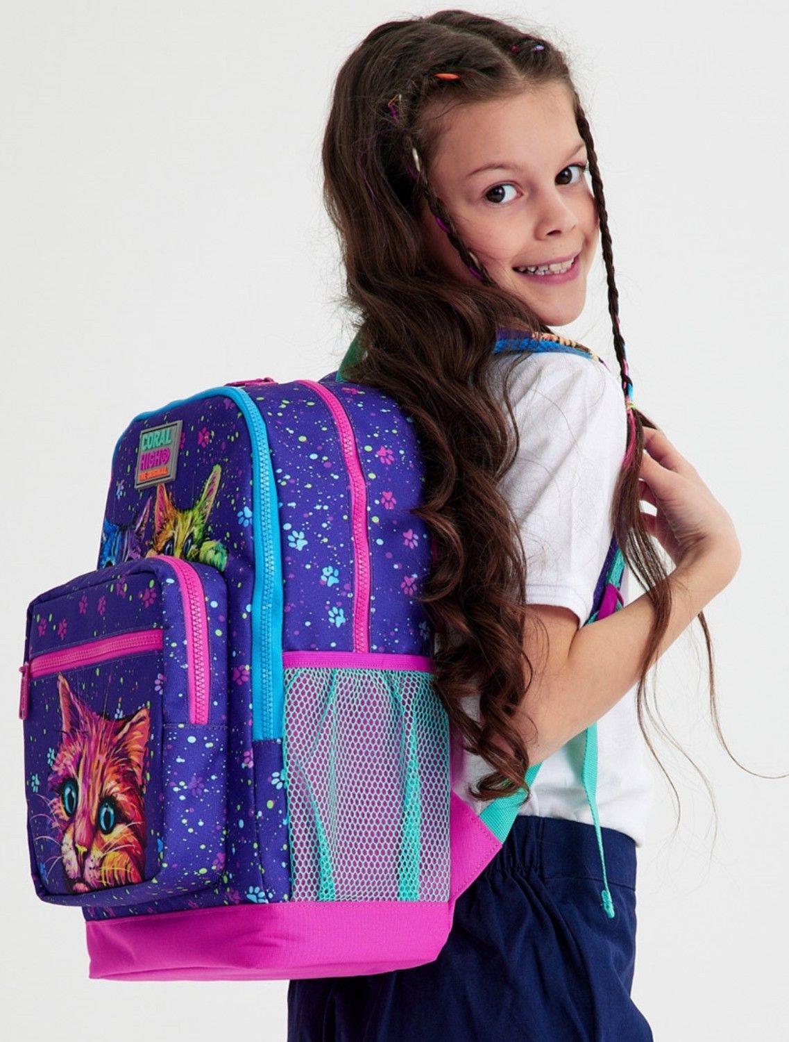 Coral High Mor Kedi dört bölmeli İlkokul Sırt Çantası ve Kalemlik Seti - Kız Çocuk