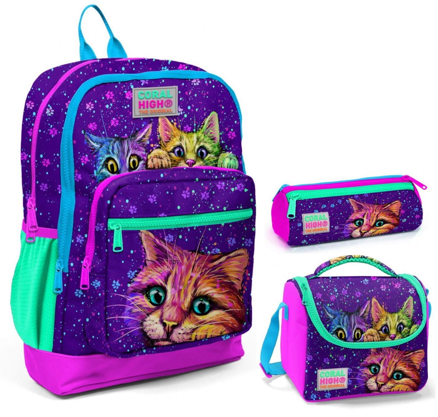 Coral High Mor Kedi Üçlü İlkokul Okul Çanta Seti - Kız
