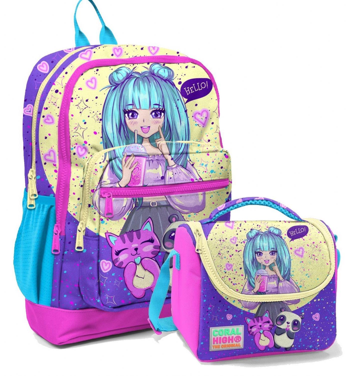 Coral High Mor Pembe Anime Okul Sırt ve Beslenme Çantası Seti - Kız Çocuk - Dört Bölmeli