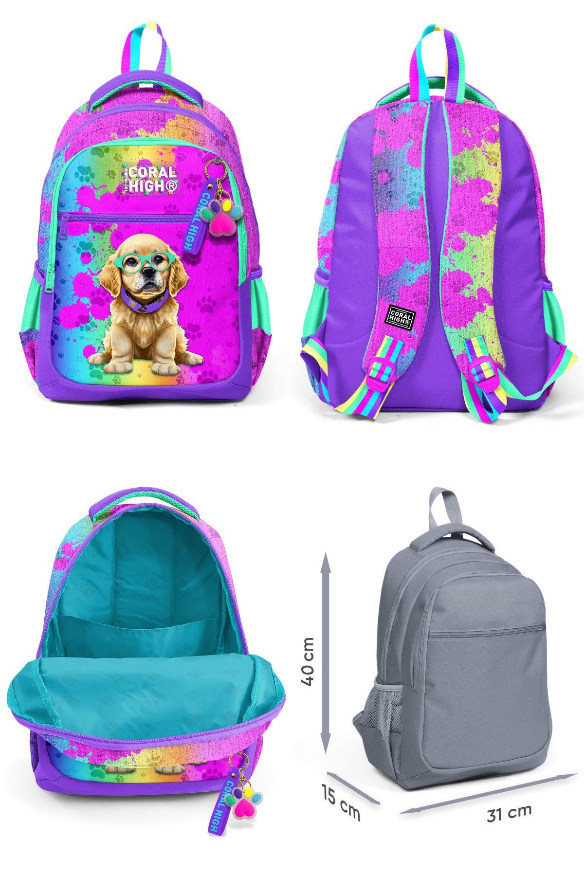 Coral High Mor Pembe Köpek Desenli Kız Çocuk Okul Beslenme Kalemlik ve Bel Çantası Seti - İlkokul İçin Uygun