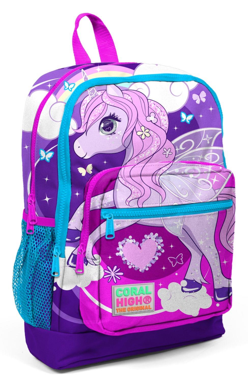 Coral High Mor-Pembe Unicorn Baskılı İlkokul ve Günlük Sırt Çantası - Kız