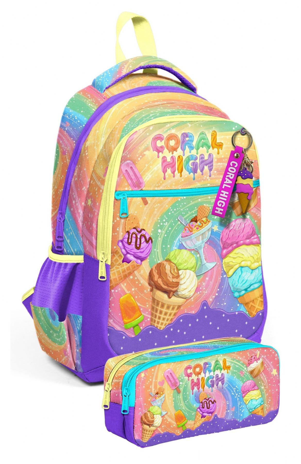 Coral High Mor Sarı Dondurma Baskılı Kız Çocuk İlkokul Sırt Çantası ve Kalem Çantası Seti - SETYGN33254C