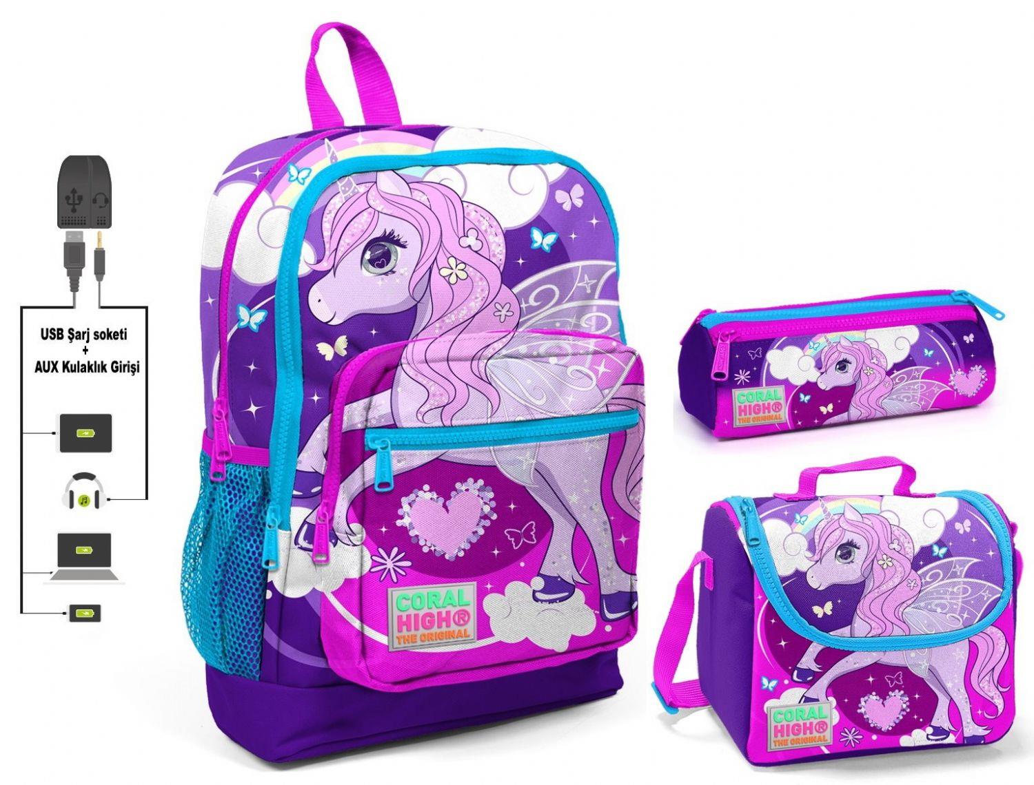 Coral High Mor Unicorn Baskılı Kız İlkokul Çanta Seti - USB Çıkışlı