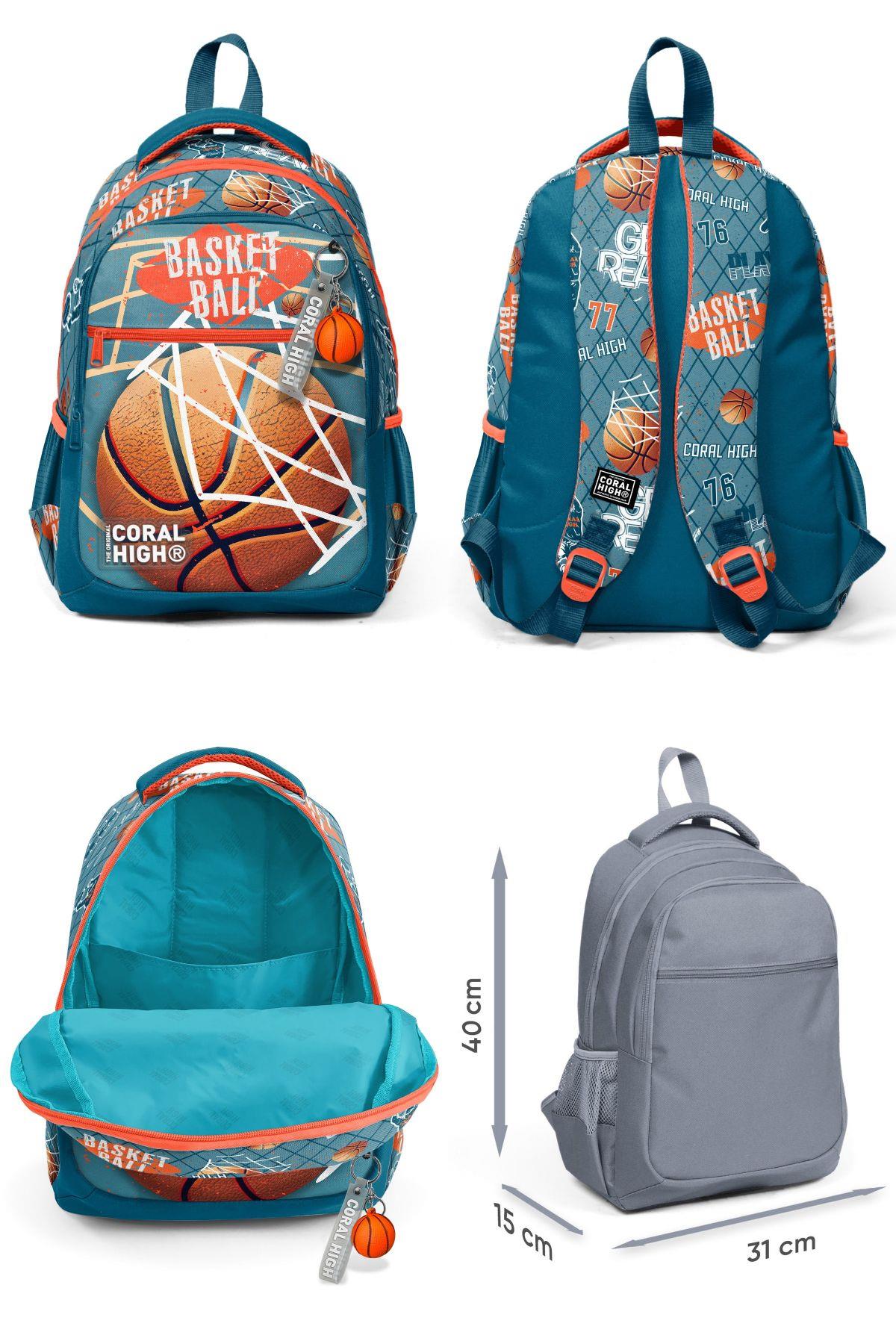 Coral High Nefti Turuncu Basketbol Desenli Erkek Çocuk Beşli Okul Çanta Seti - İlkokul İçin Uygun
