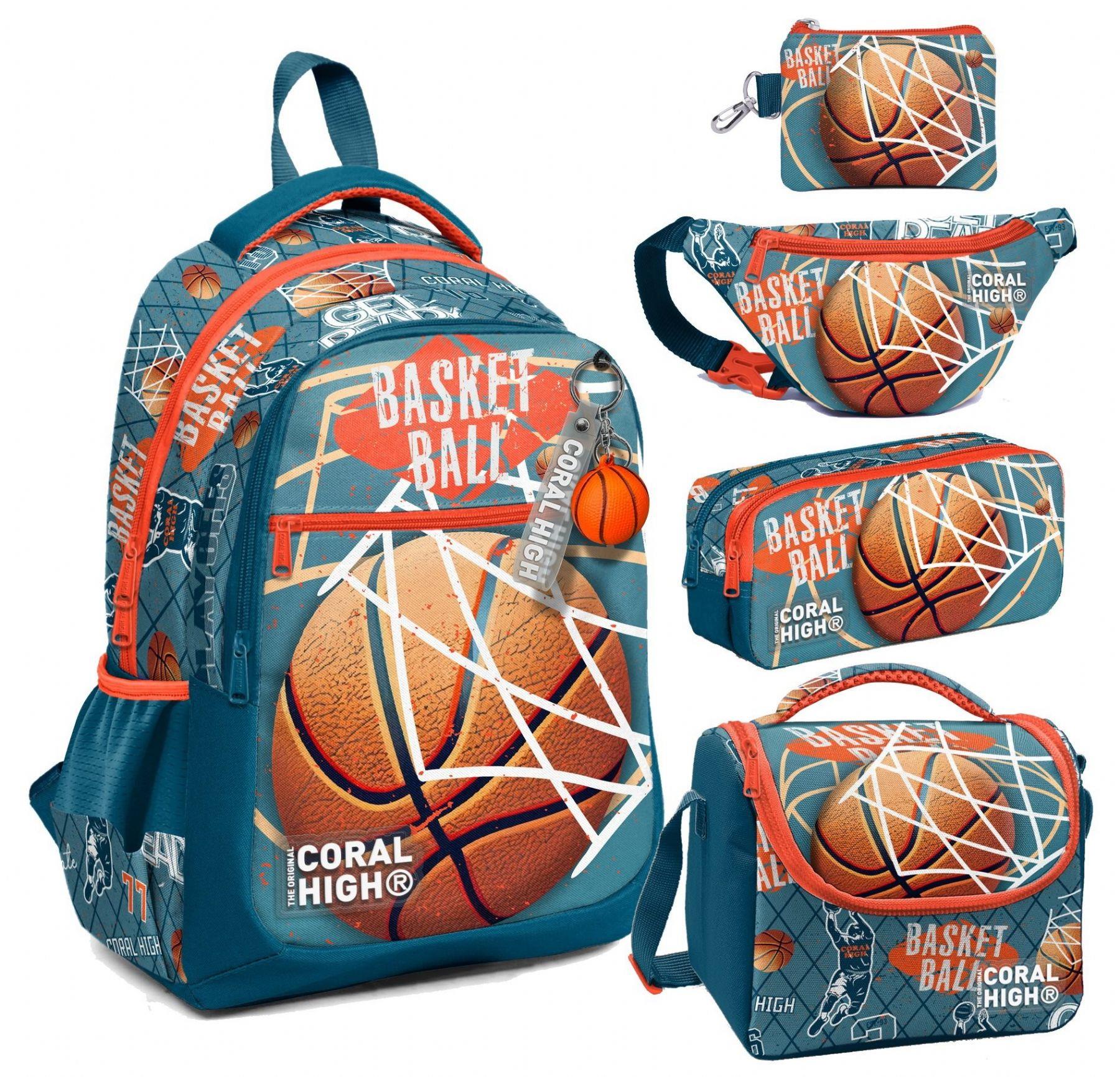 Coral High Nefti Turuncu Basketbol Desenli Erkek Çocuk Beşli Okul Çanta Seti - İlkokul İçin Uygun