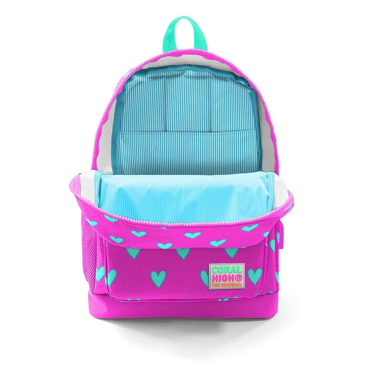 Coral High Okul Çantası ve Beslenme Çantası Seti - Kız Çocuk Pembe Kalp - USB Soketli