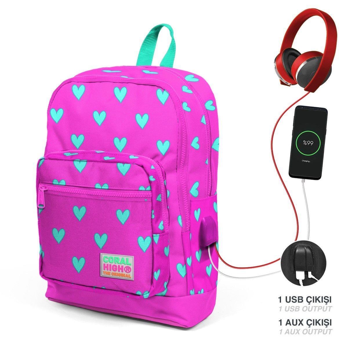 Coral High Okul Çantası ve Beslenme Çantası Seti - Kız Çocuk Pembe Kalp - USB Soketli