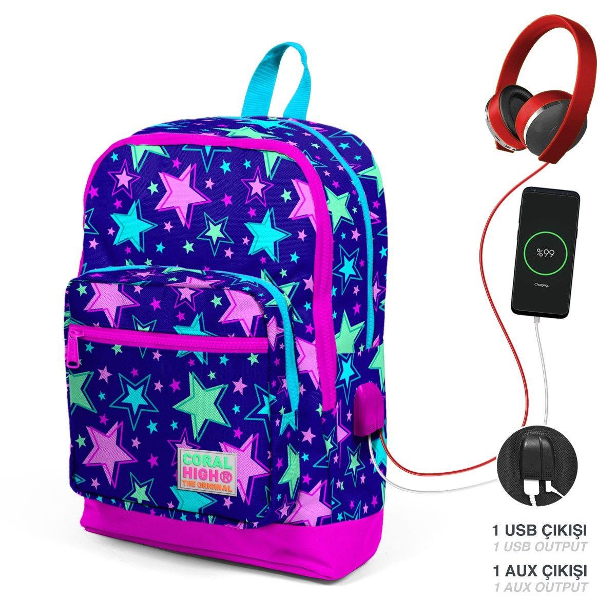 Coral High Okul Çantası ve Beslenme Çantası Seti - Mor Yıldız - USB Soketli - Kız Çocuk