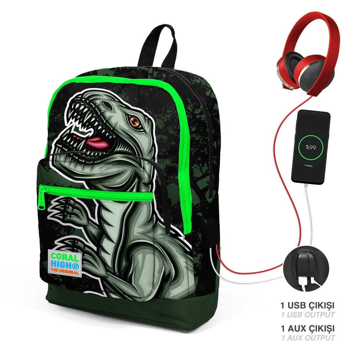 Coral High Okul Çantası ve Termal Beslenme Çanta Seti - Erkek Çocuk Yeşil Dinazor USB ve AUX Çıkışlı