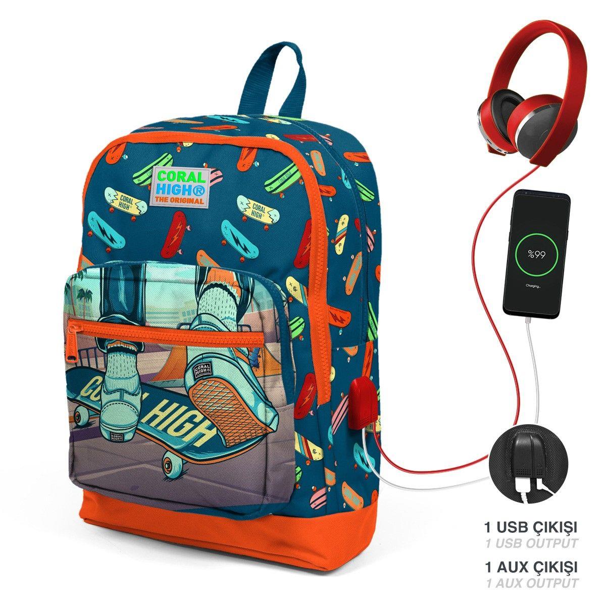 Coral High Okul Çantası ve Termal Beslenme Çanta Seti - Erkek Çocuk Çivit Turuncu Kaykay USB ve AUX Çıkışlı