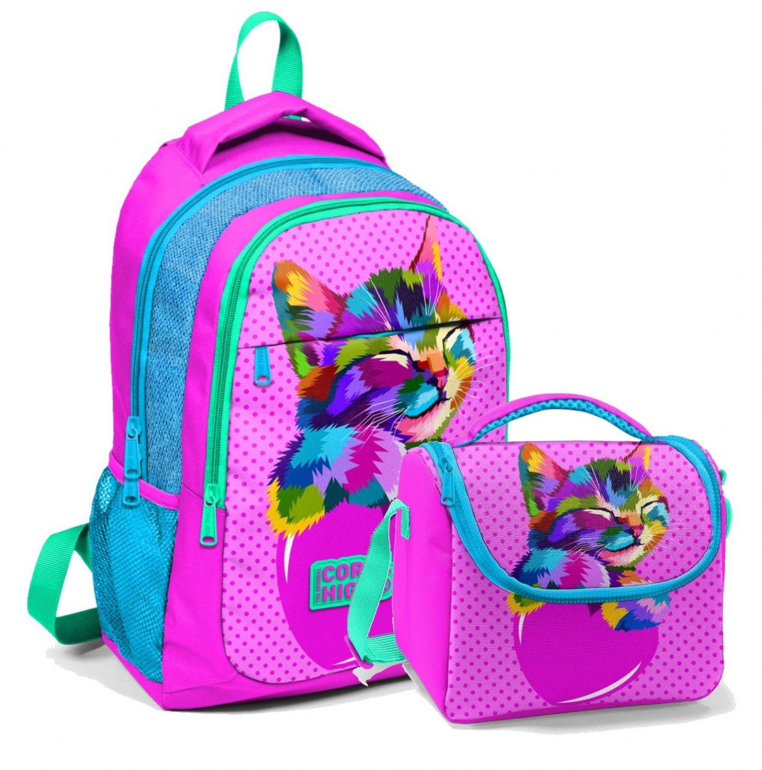 Coral High Okul Sırt Çantası ve Beslenme Çantası Pembe Kedi - Kız Çocuk