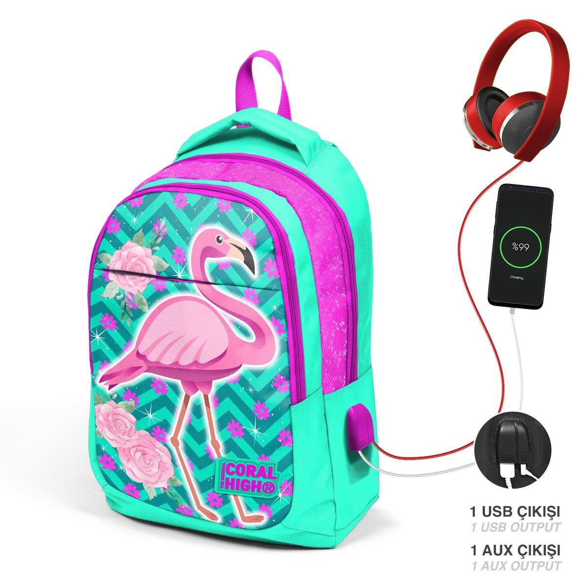 Coral High Okul Sırt Çantası ve Beslenme Çantası Seti - Pembe Flamingo - USB Soketli - Kız Çocuk
