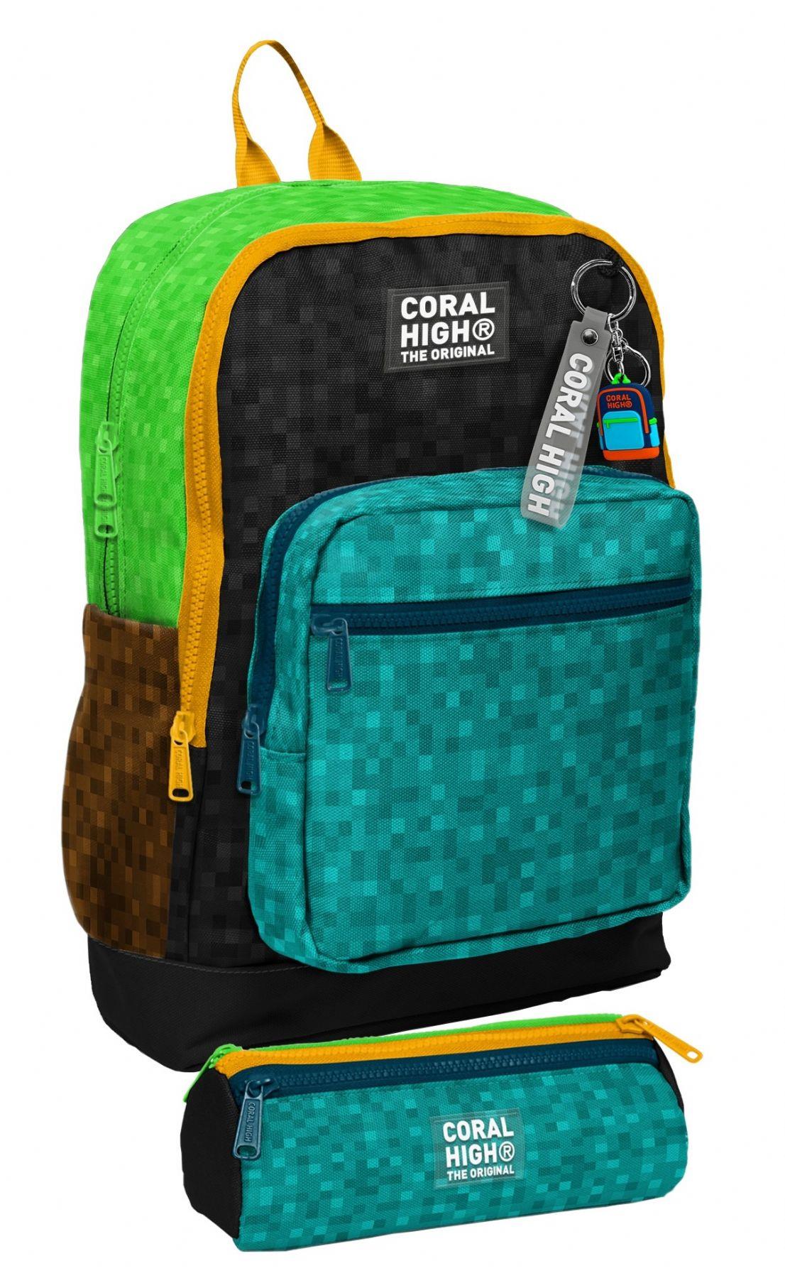 Coral High Okul Sırt Çantası ve Kalemlik Seti - Siyah Yeşil Kahverengi Craft Desenli Erkek Çocuk SETYGN33216C