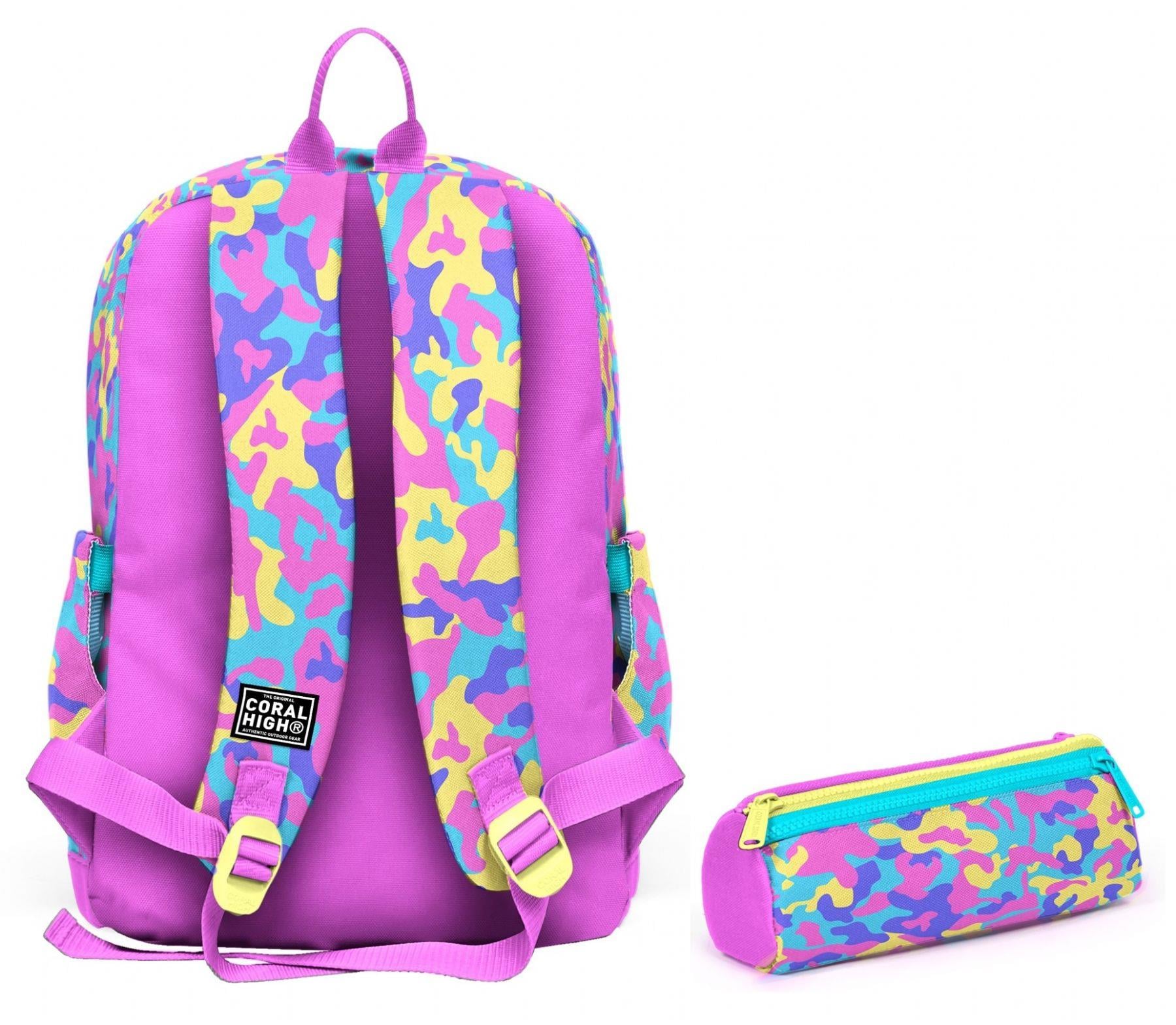 Coral High Okul Sırt Çantası ve Kalemlik Seti - Pembe Sarı Kamuflaj Kız Çocuk SETYGN33201C