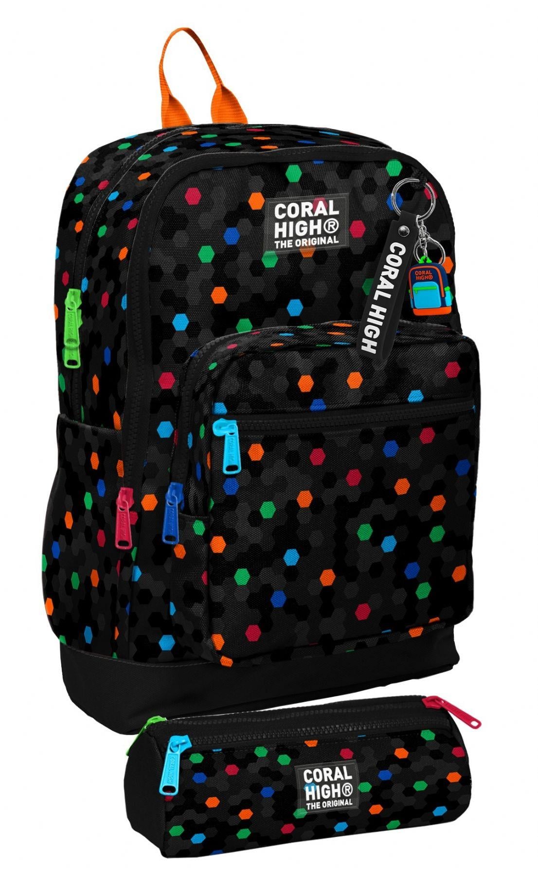 Coral High Okul Sırt Çantası ve Kalemlik Seti - Siyah Petek Desenli Erkek Çocuk SETYGN33210C