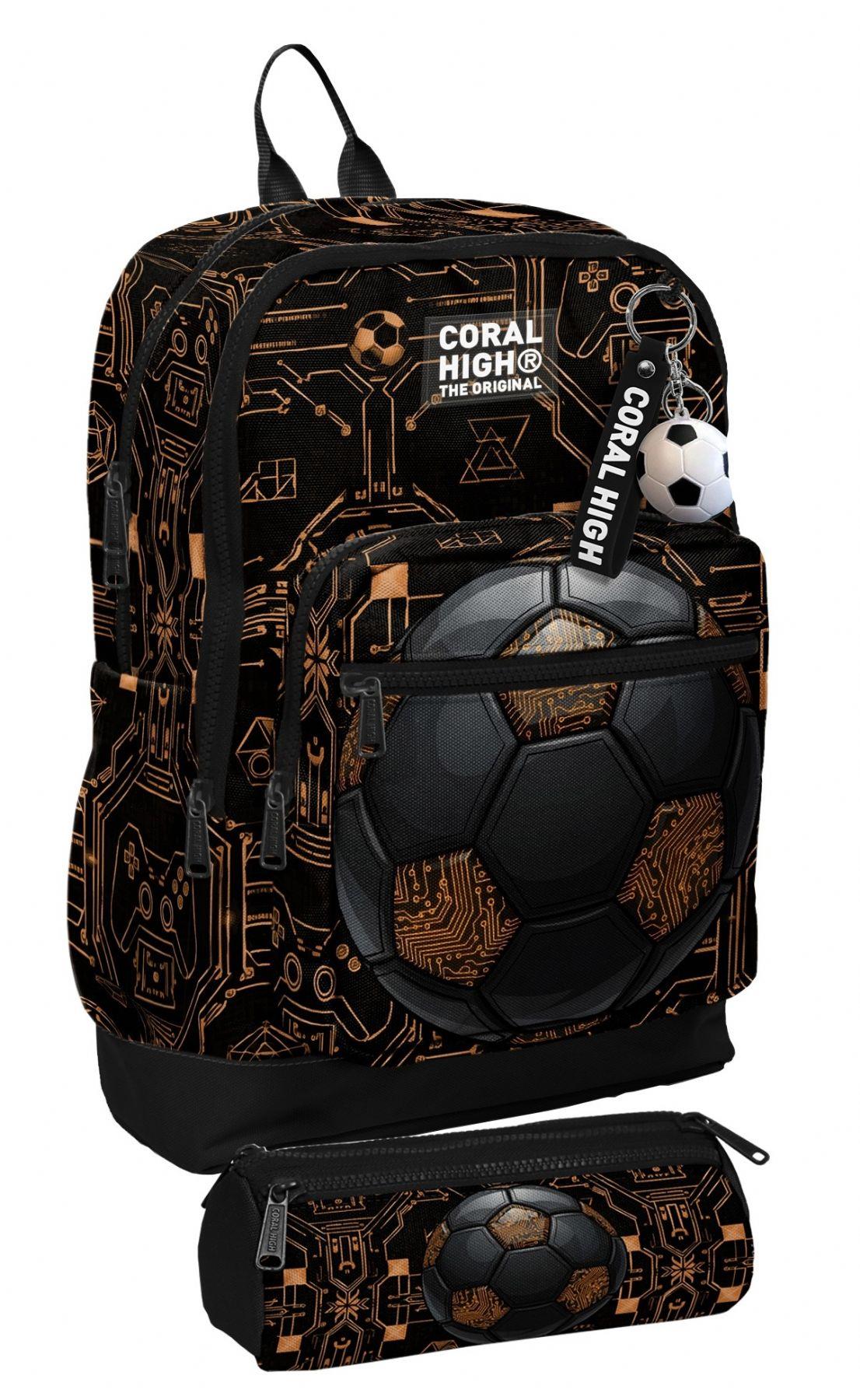 Coral High Okul Sırt Çantası ve Kalemlik Seti - Siyah Kahverengi Futbol Topu Baskılı Erkek Çocuk SETYGN33217C