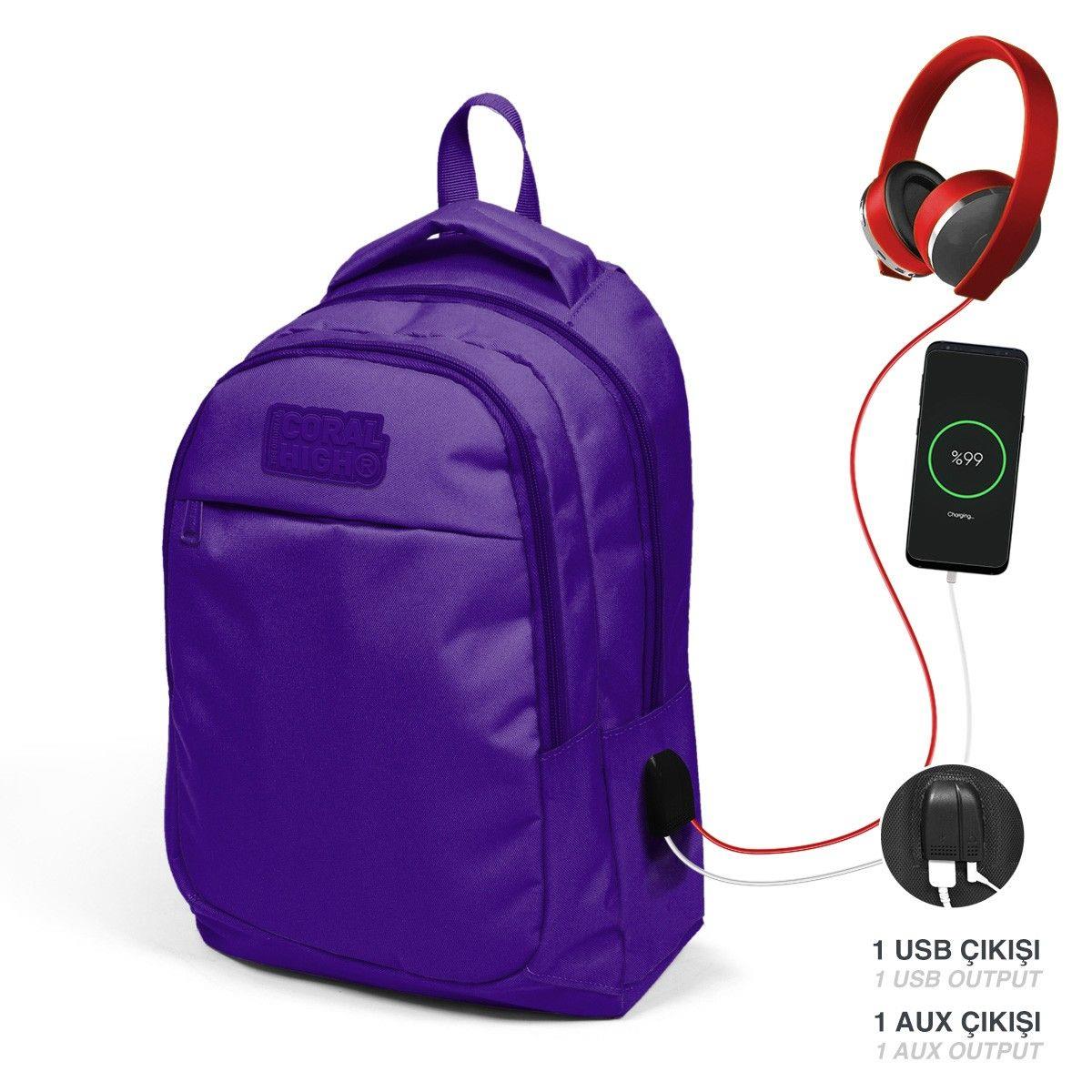 Coral High Okul ve Beslenme Çantası Seti - Kız Çocuk Mor - USB Soketli
