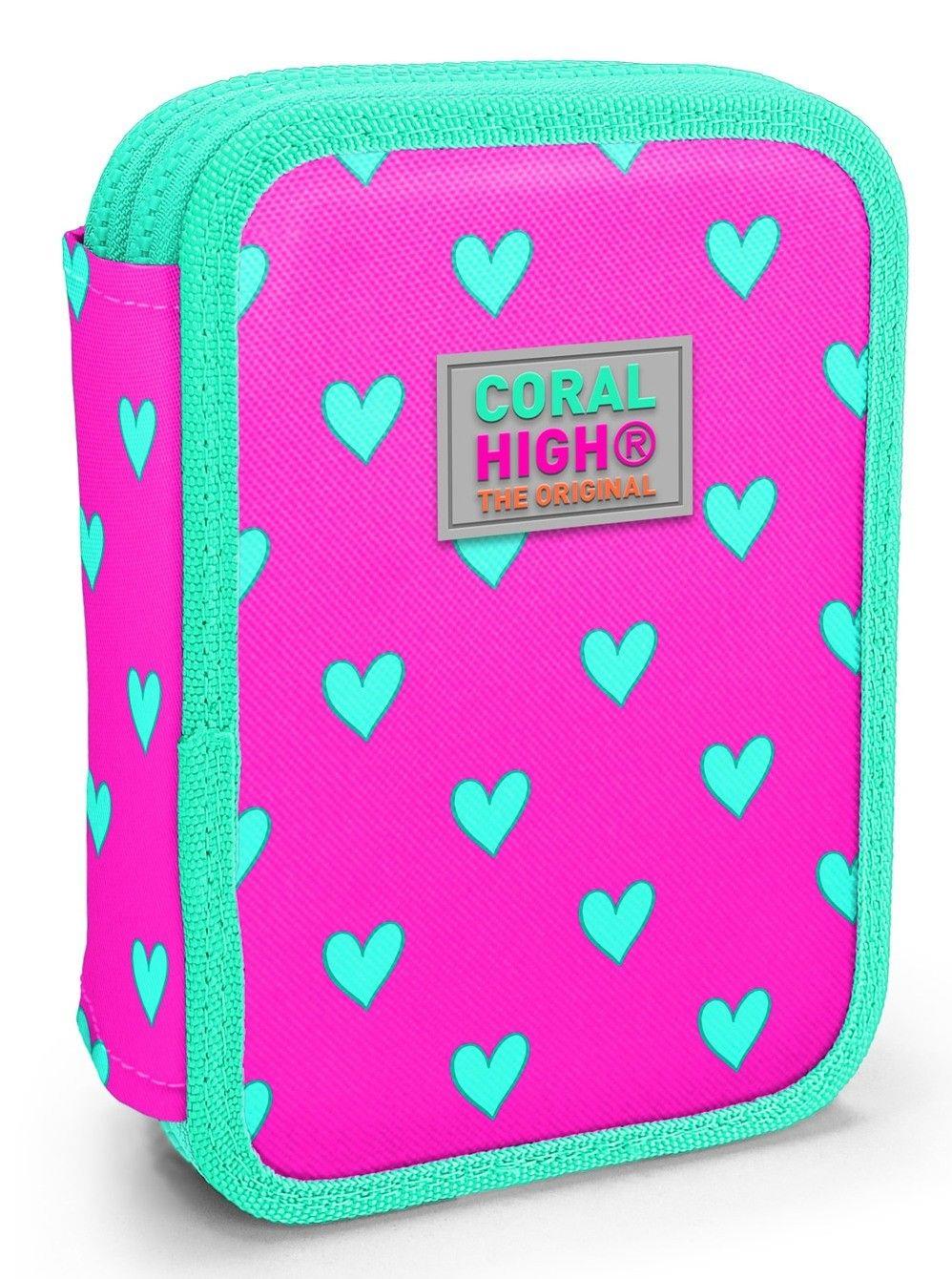 Coral High Organizer İki Katlı Kalem Çantası - Yeşil Pembe Kalp Desenli, Kız Çocuk, Yeşil Pembe Kalp Desenli 11133