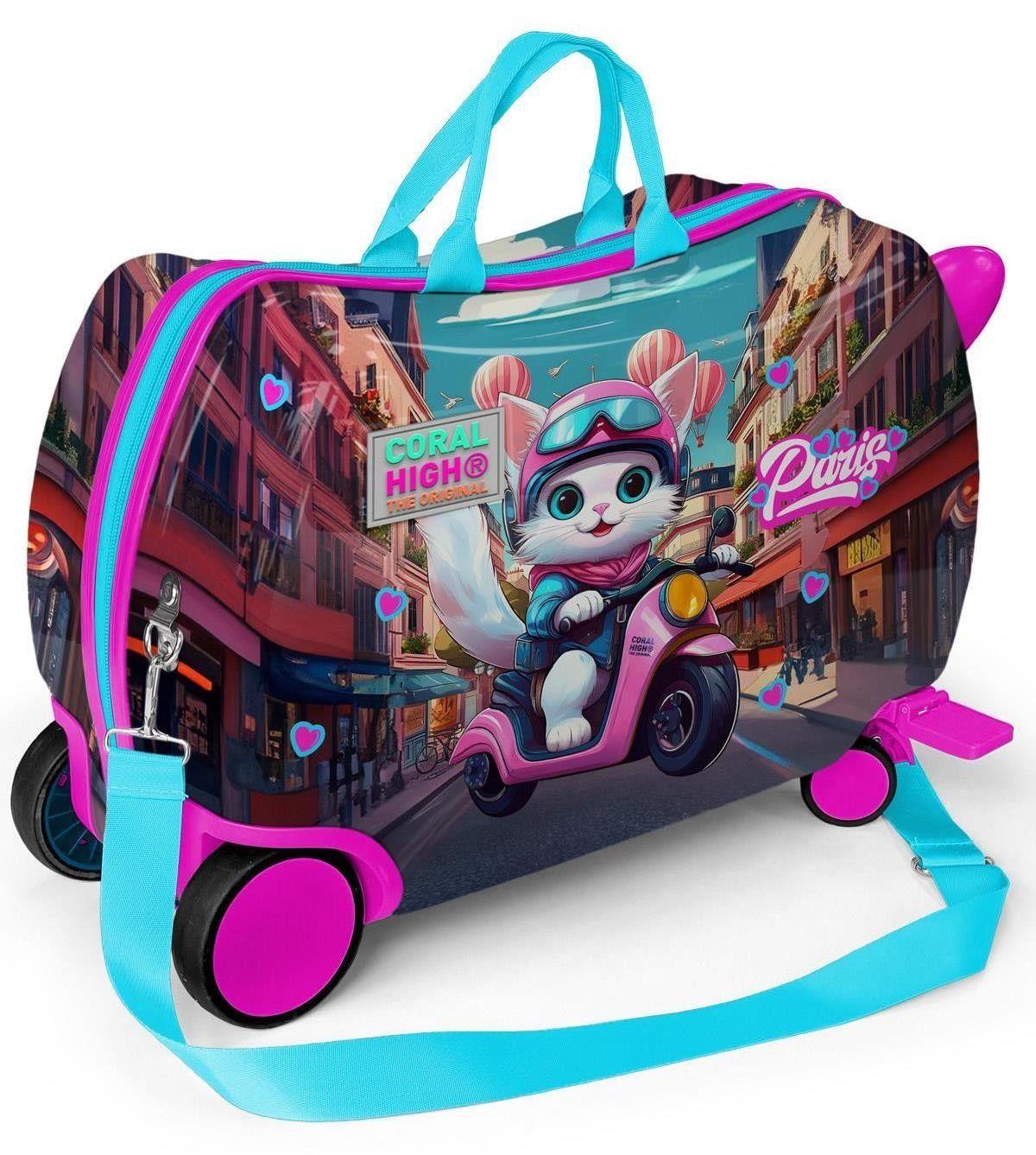 Coral High Otur-Çek Tekerlekli Kız Çocuk Valizi - Pembe Motorlu Kedi - 16358
