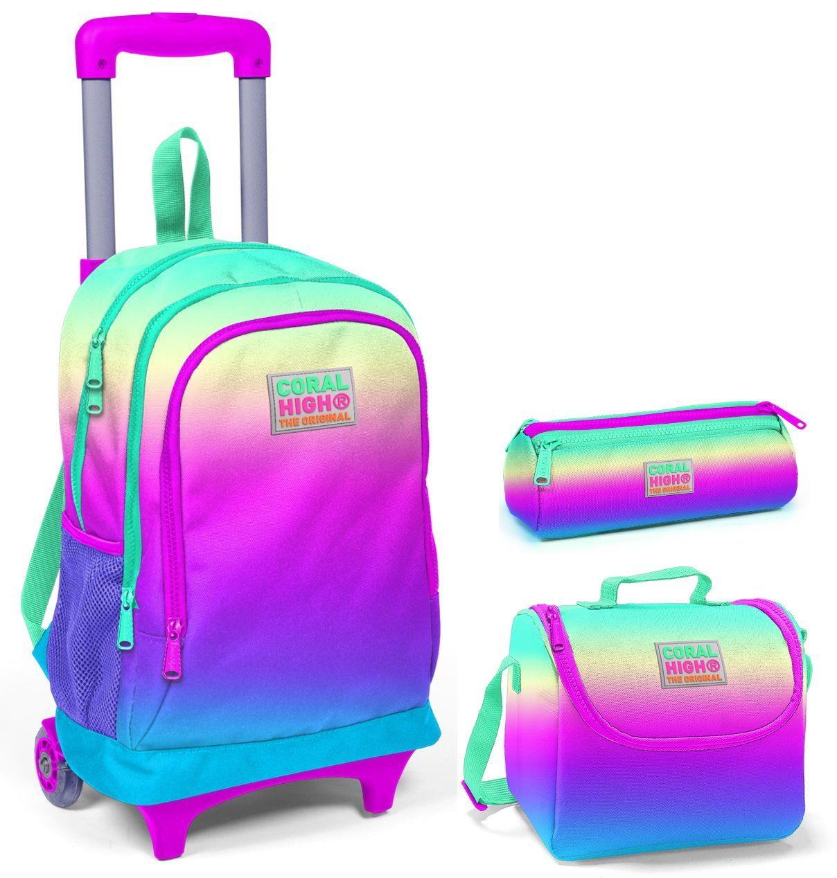 Coral High Pembe - Yeşil - Mavi Çekçek Çanta Seti - Işıklı Tekerlekler - Kız