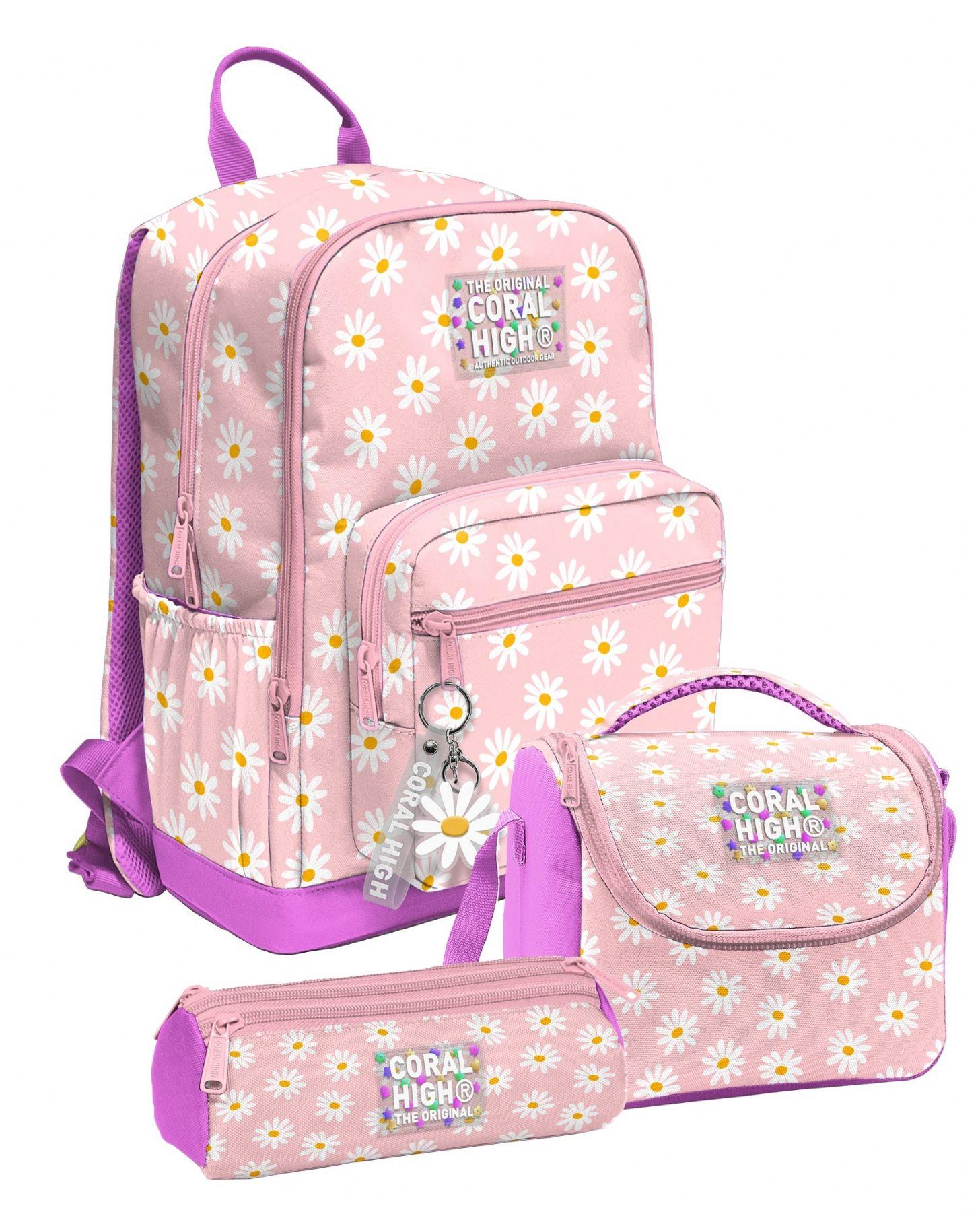 Coral High Pembe Beyaz Papatya Desenli Kız Çocuk İlkokul ve Ortaokul Üçlü Okul Çanta Seti SETYGN33224A
