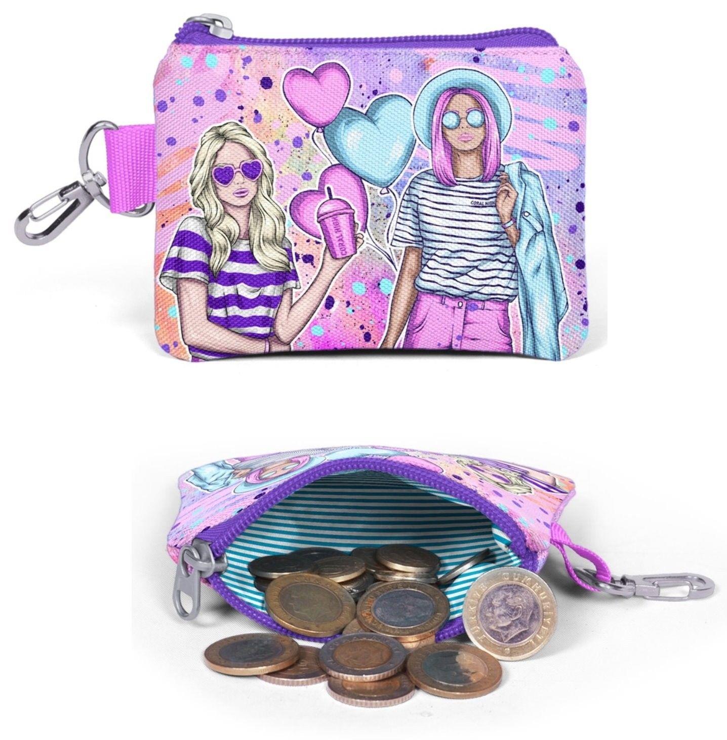 Coral High Pembe Fashion Baskılı Kız Çocuk Seyahat Valiz Bel Çantası ve Bozuk Para Cüzdan Seti 16773