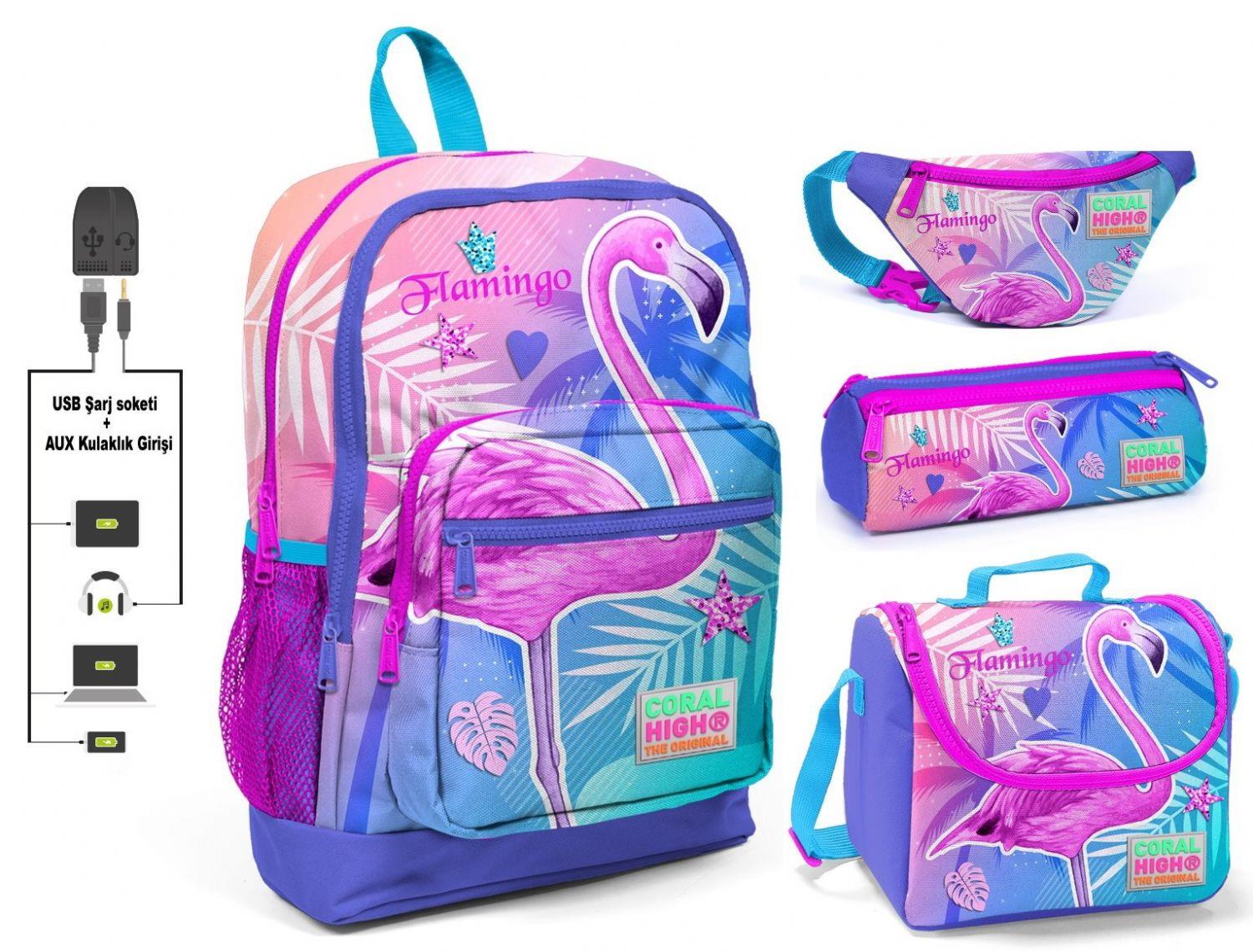 Coral High Pembe Flamingo Baskılı 4'lü Kız Çocuk İlkokul Çanta Seti - USB Soketli
