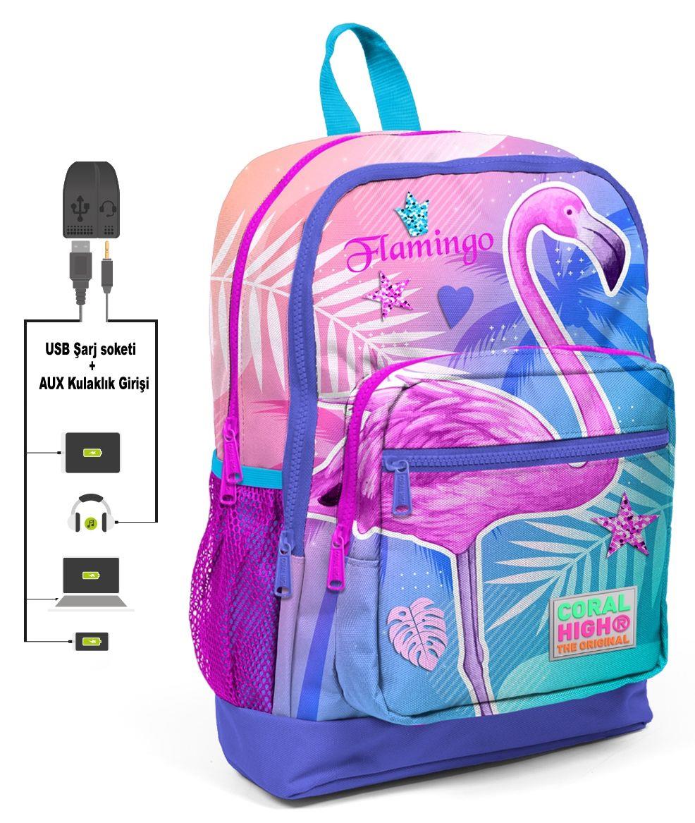 Coral High Pembe Flamingo Baskılı Okul Çantası ve Beslenme Çantası Seti - USB Soketli