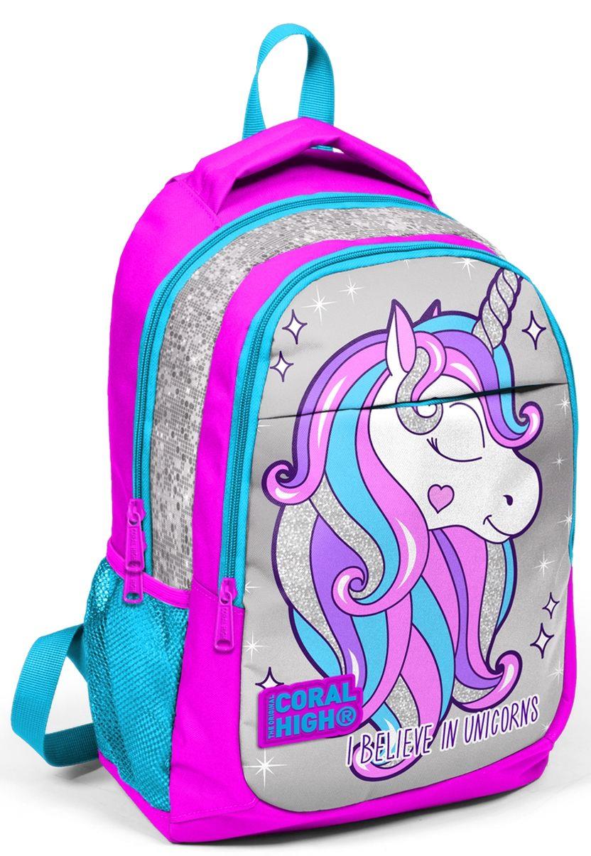 Coral High Pembe Gri Unicorn Kız Çocuk İlkokul Çanta Seti - Sırt Çantası+Beslenme+Kalemlik