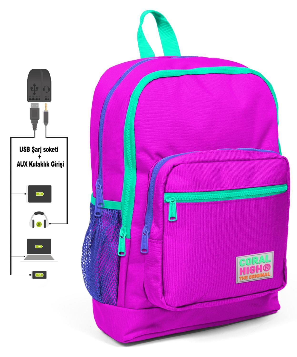 Coral High Pembe İlkokul ve Günlük Sırt Çantası - USB ve AUX Soketli
