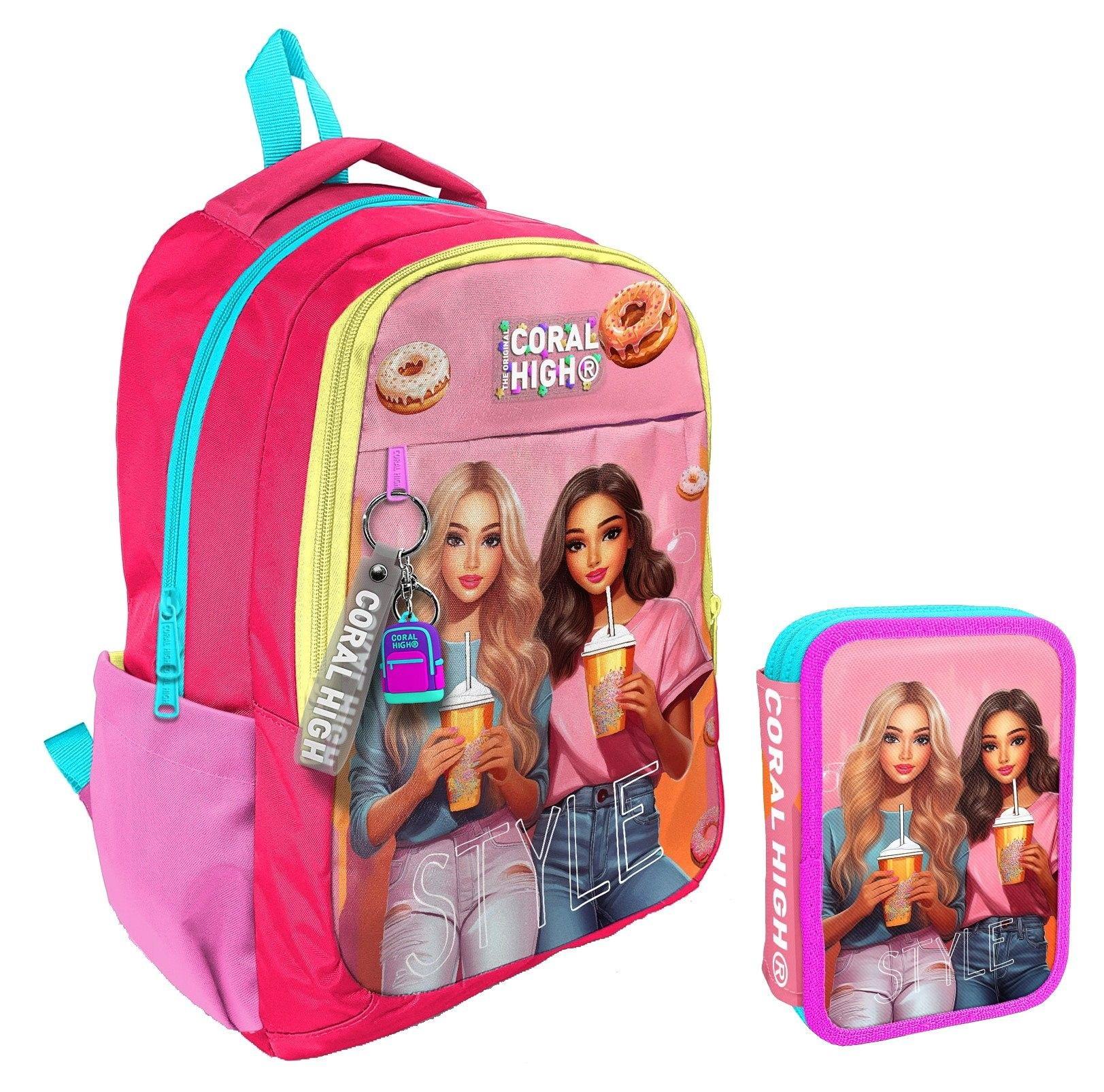 Coral High Pembe Kırmızı Fashion Girl Kız Çocuk Okul Çantası ve Organizer Kalemlik Seti 23669+11141