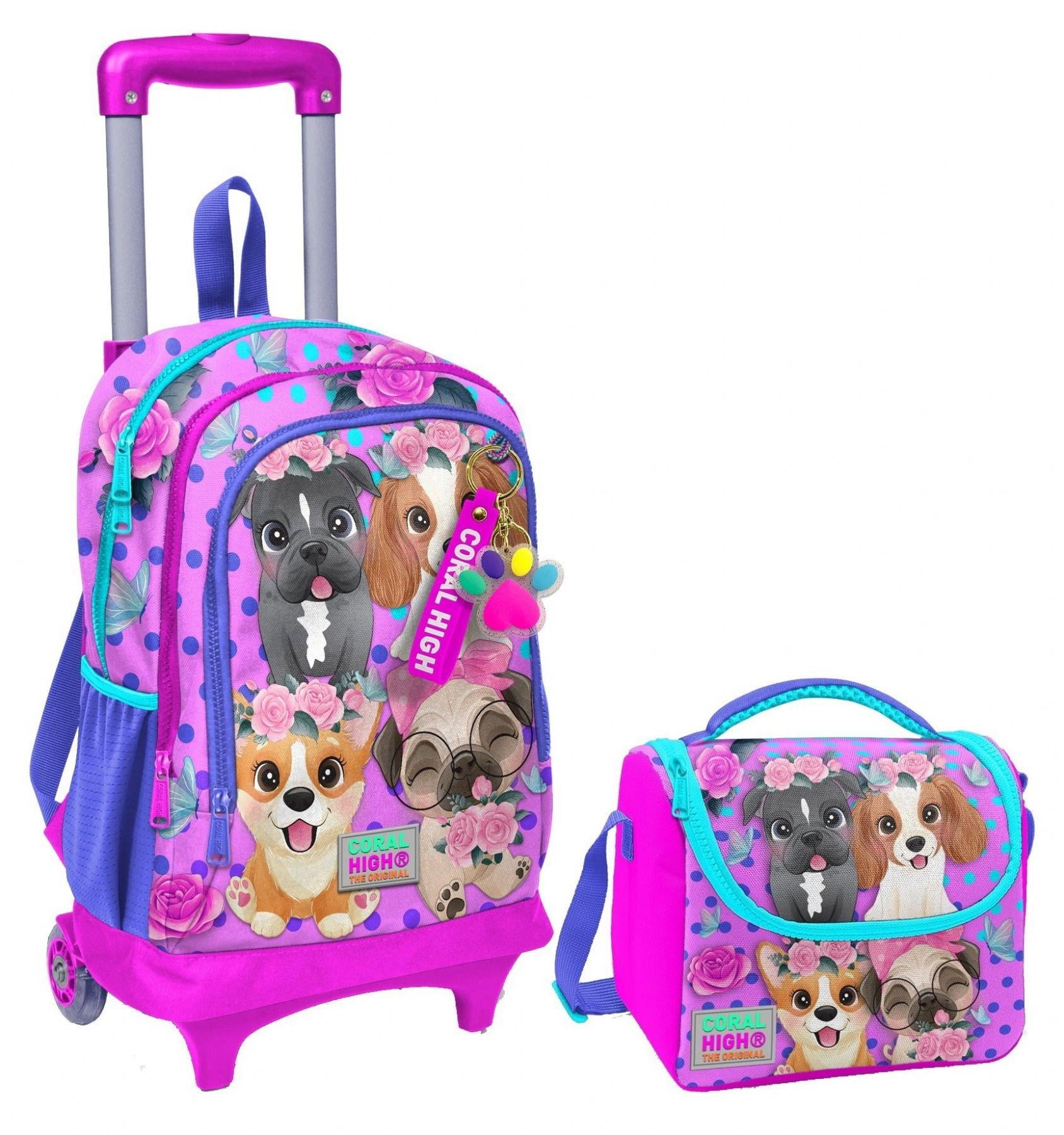 Coral High Pembe Köpek Işıklı Tekerlekli Okul Çantası ve Beslenme Seti - Kız Çocuk