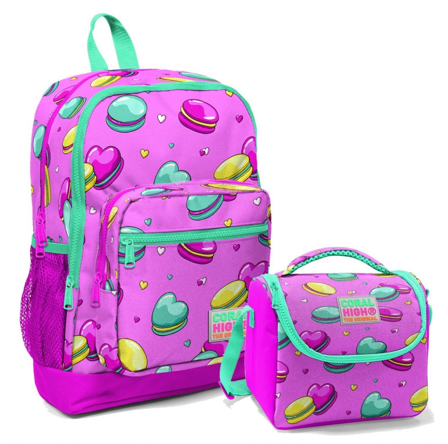 Coral High Pembe Makaron İlköğretim Okul Sırt Çantası ve Beslenme Çanta Seti - Kız Çocuk