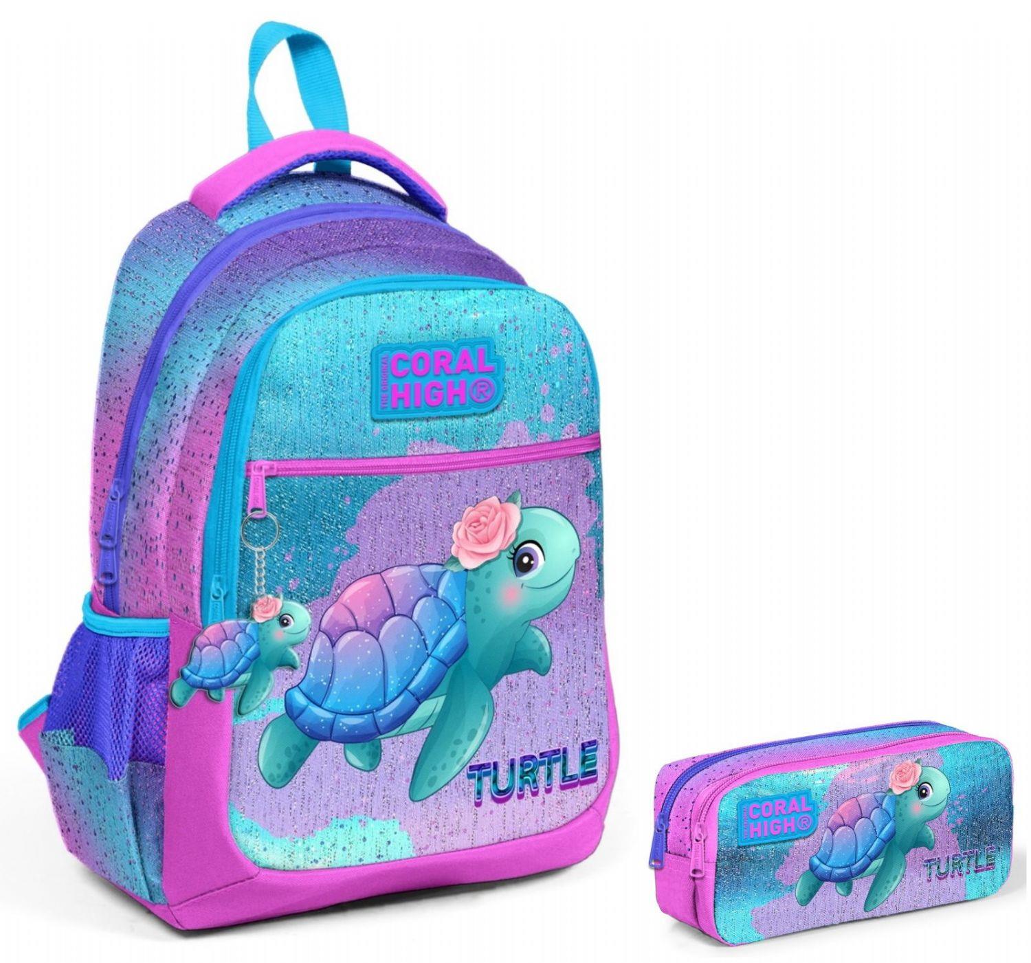 Coral High Pembe Mavi Kaplumbağa İlkokul Ortaokul Sırt Çantası ve Kalemlik Seti - Kız Çocuk