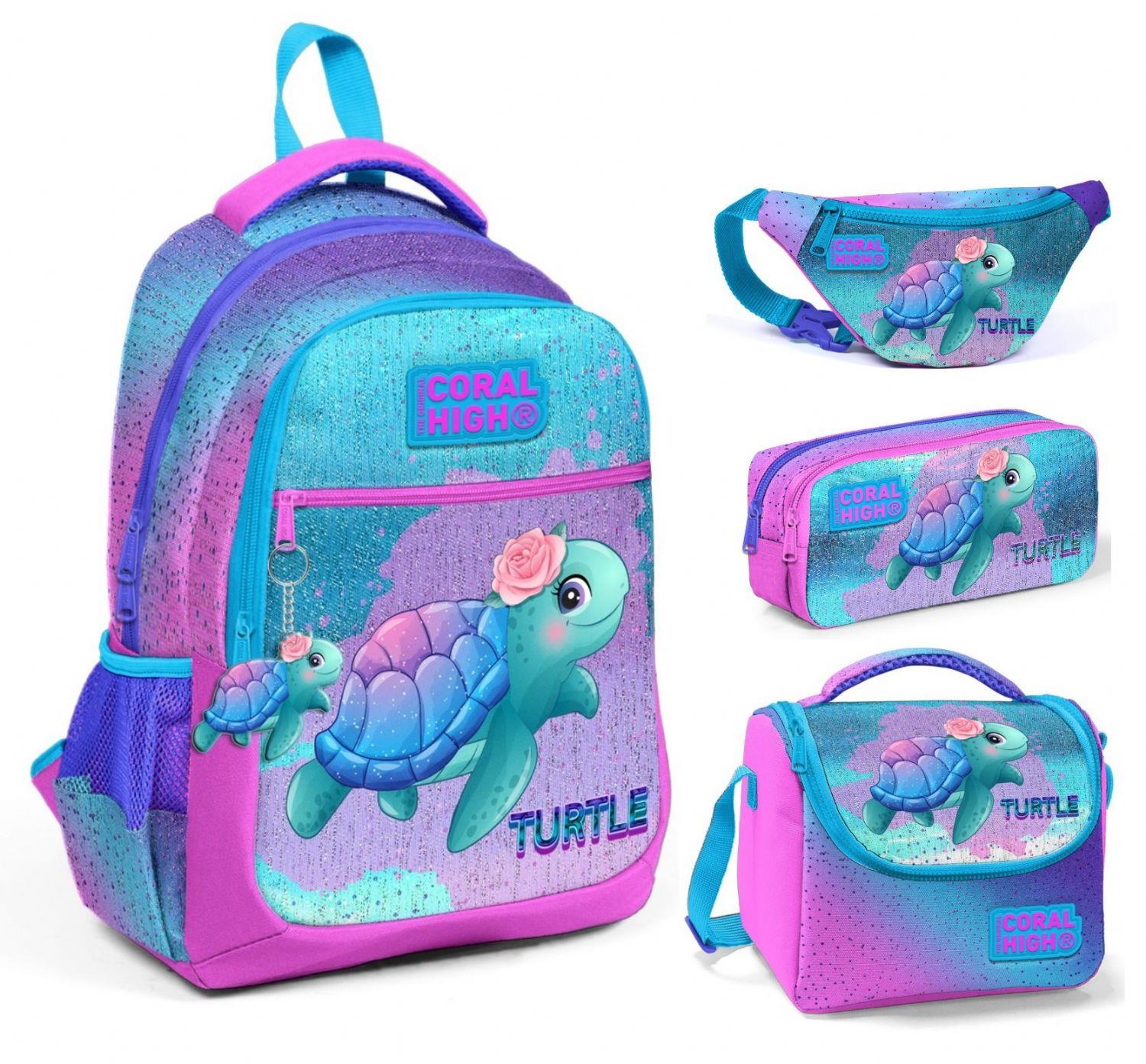 Coral High Pembe Mavi Kaplumbağa Üçlü Okul Çantası ve Bel Çantası Seti - Kız Çocuk
